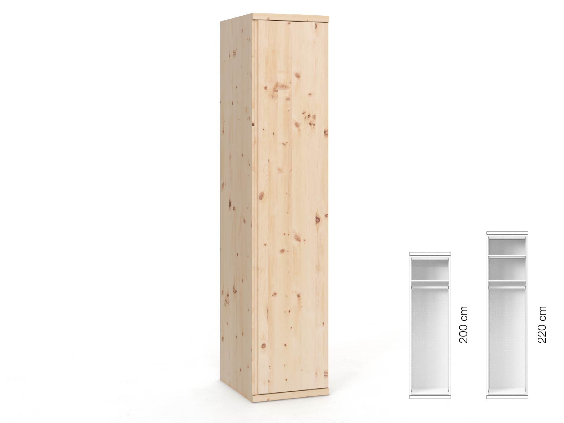 Zirbenschrank „Romana“, 1-türig, Höhe 220 cm, Griffausführung „Patrizia“, Inneneinrichtung: A, Türanschlag rechts