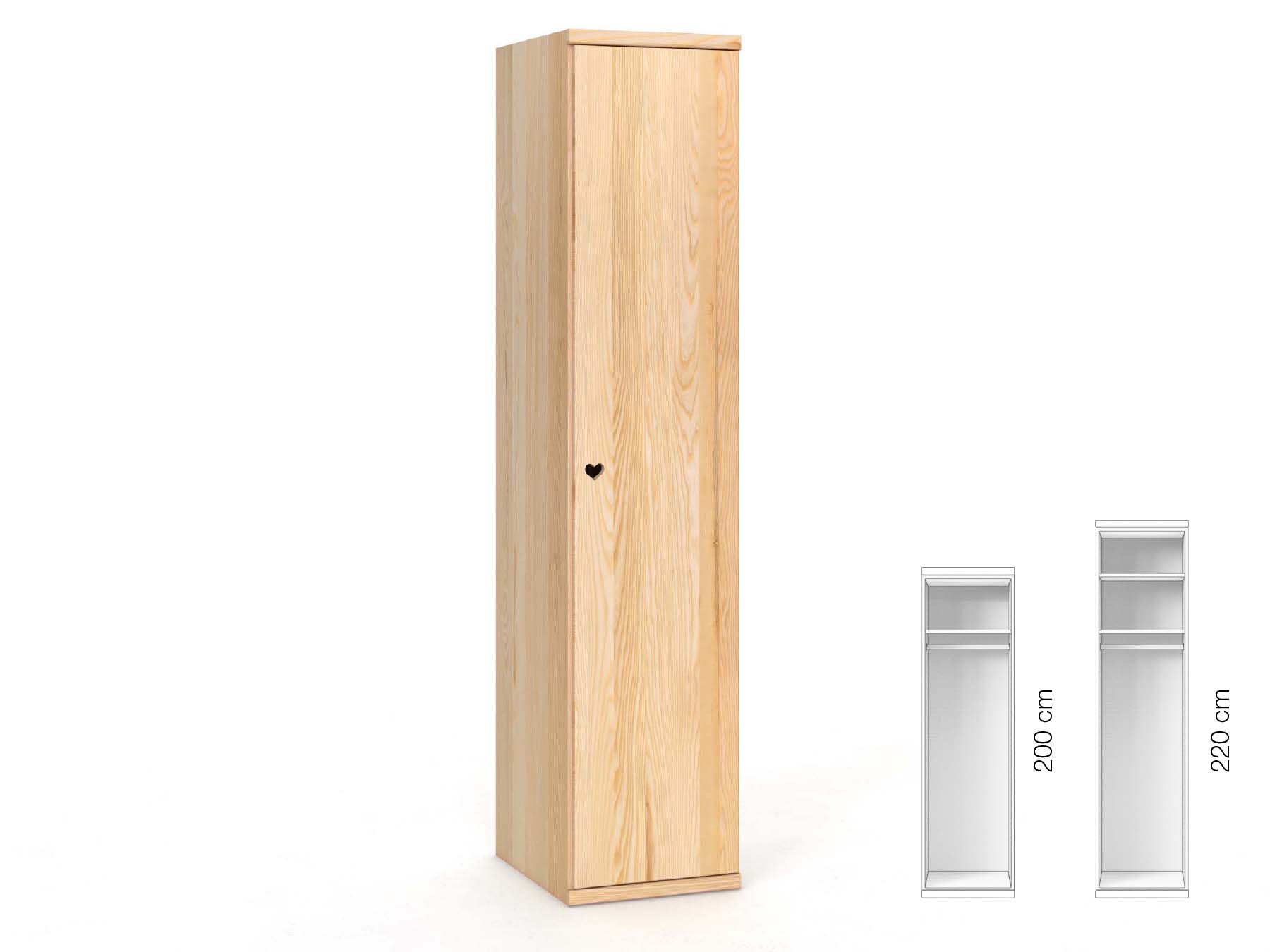 Eschenschrank „Romana“, 1-türig, Höhe 220 cm, Griffausführung „Heidi“, Inneneinrichtung: A, Türanschlag rechts