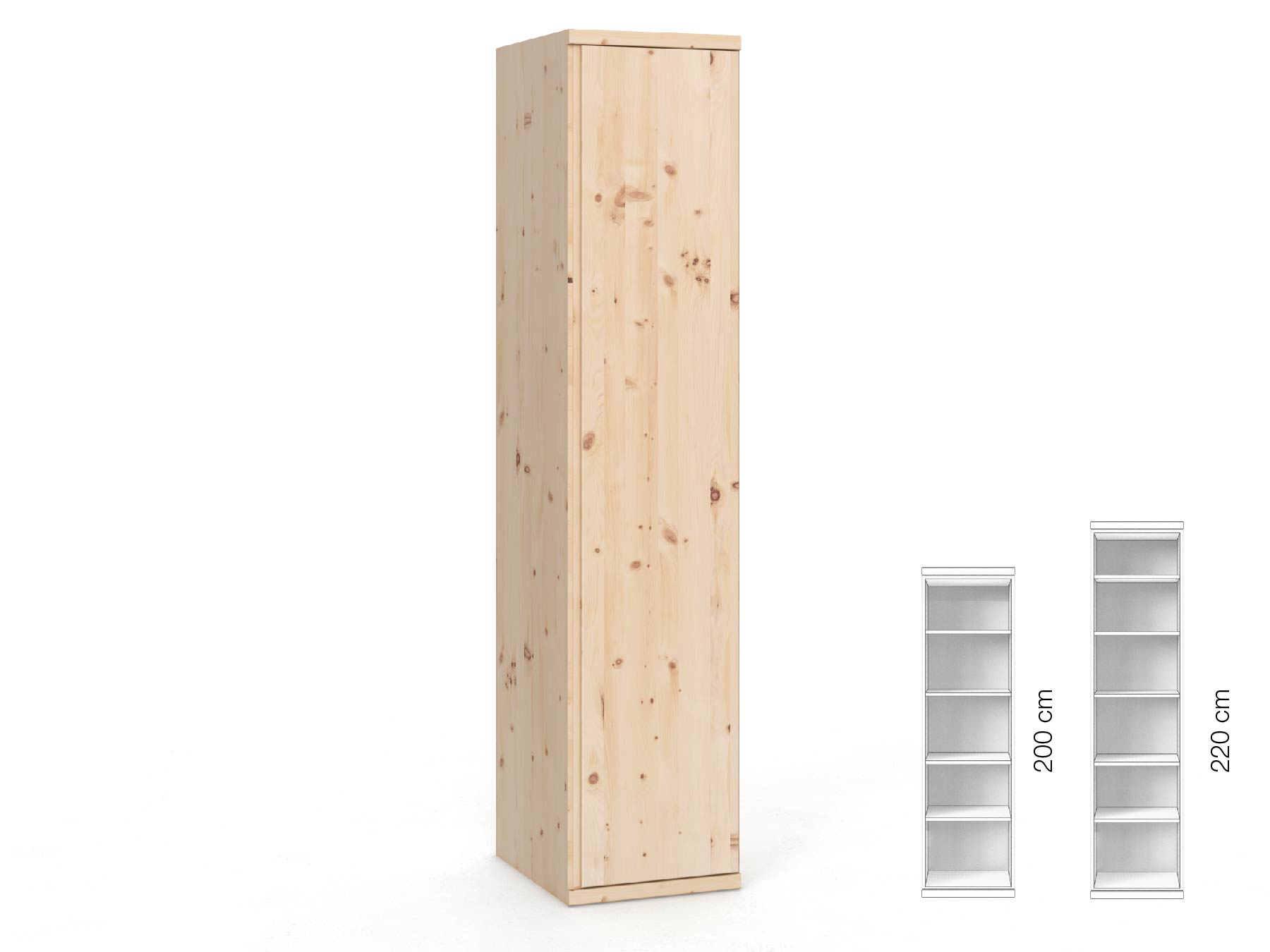 Zirbenschrank „Romana“, 1-türig, Höhe 220 cm, Griffausführung „Patrizia“, Inneneinrichtung: B, Türanschlag rechts