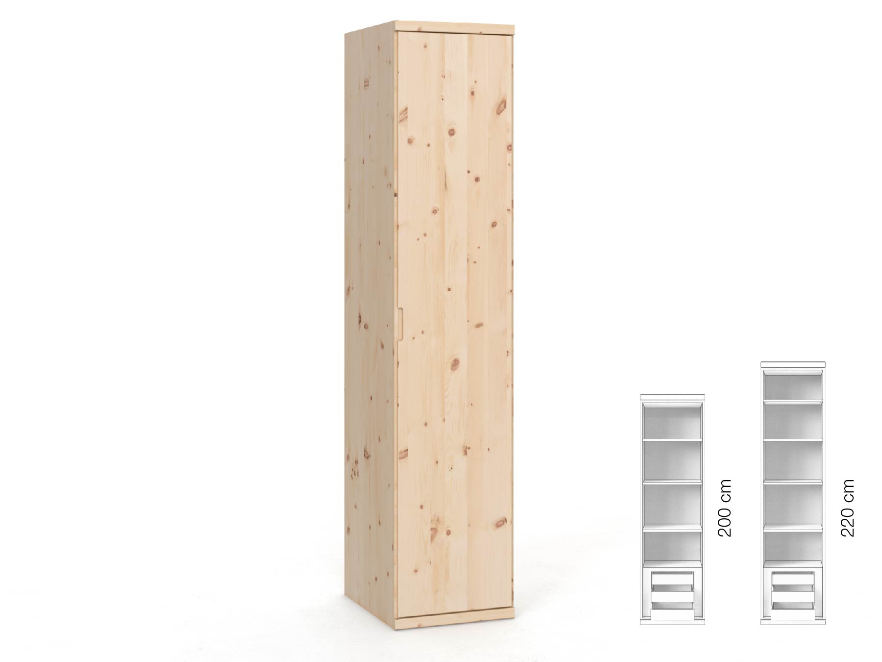 Zirbenschrank „Romana“, 1-türig, Höhe 220 cm, Griffausführung „Lukas“, Inneneinrichtung: C, Türanschlag rechts