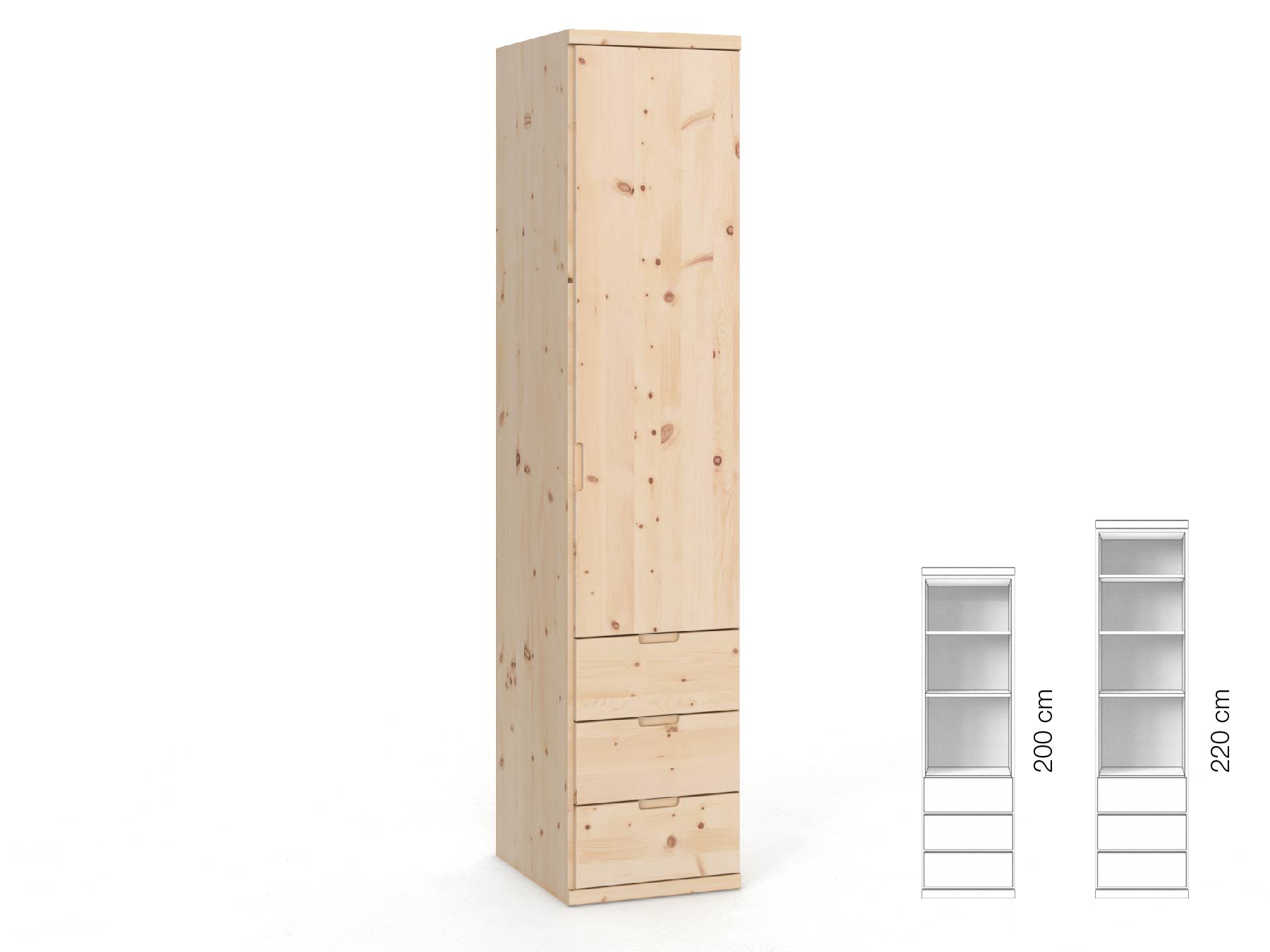 Zirbenschrank „Romana“, 1-türig, Höhe 220 cm, Griffausführung „Lukas“, Inneneinrichtung: D, Türanschlag rechts