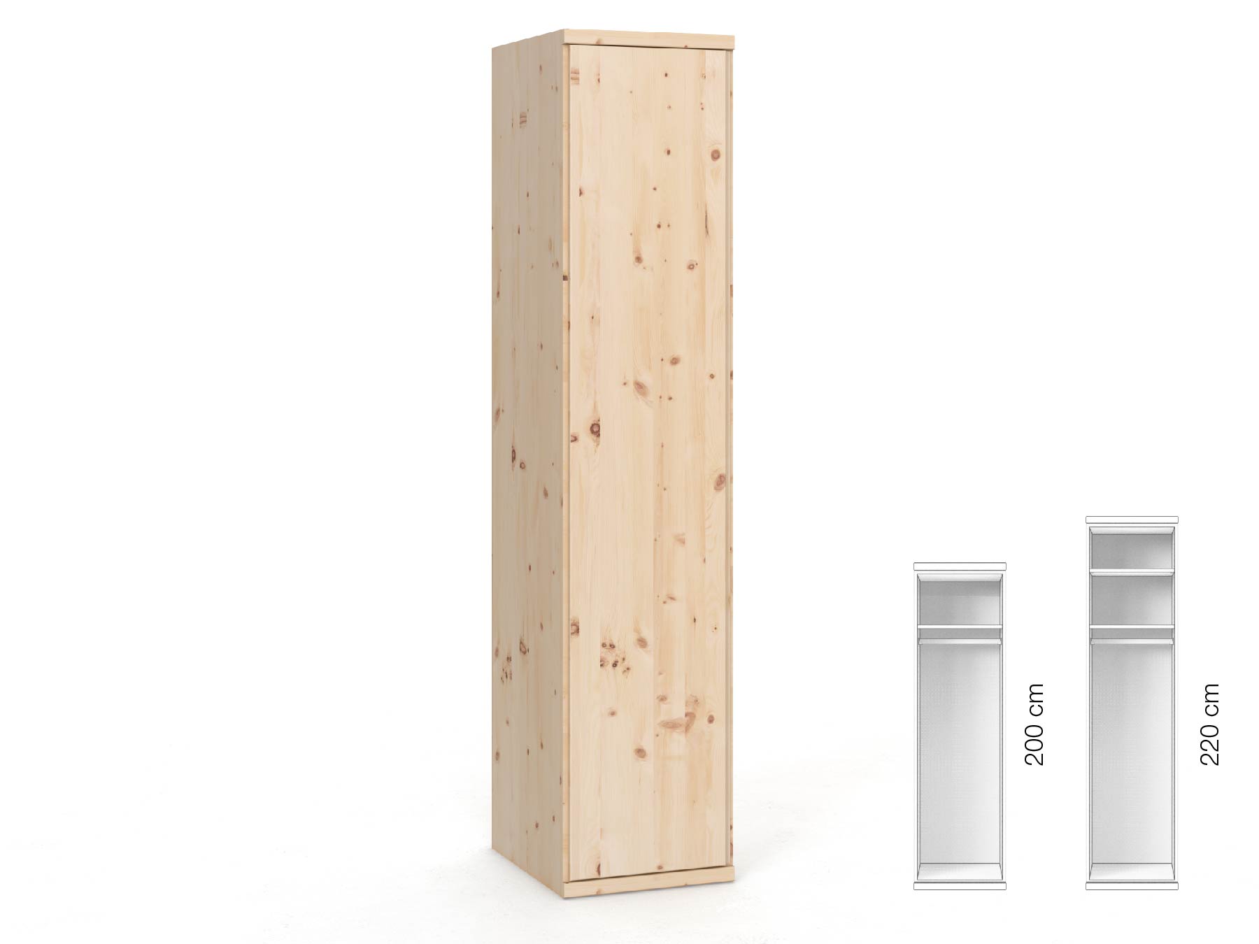 Zirbenschrank „Romana“, 1-türig, Höhe 220 cm, Griffausführung „Patrizia“, Inneneinrichtung: A, Türanschlag links