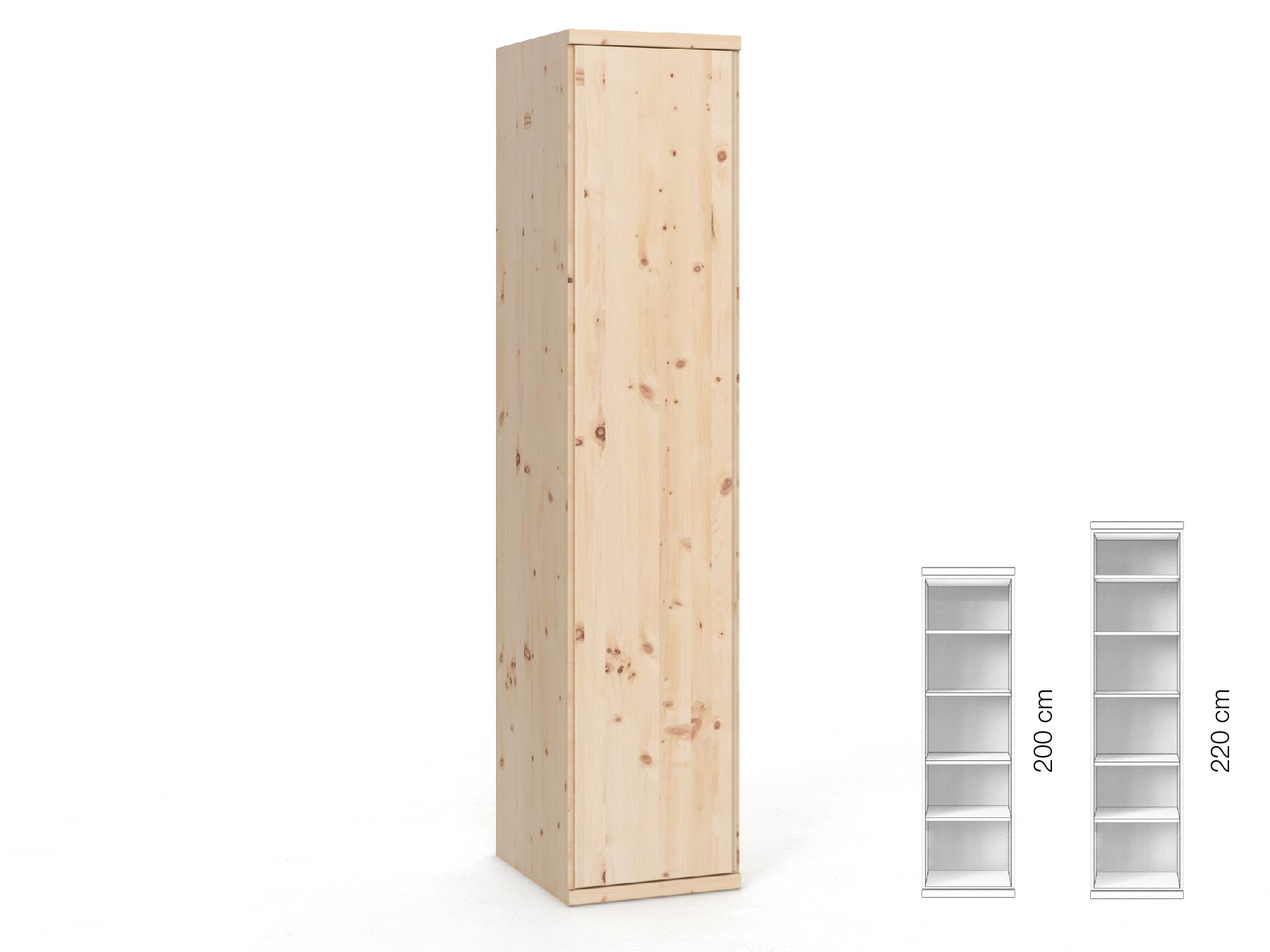 Zirbenschrank „Romana“, 1-türig, Höhe 220 cm, Griffausführung „Patrizia“, Inneneinrichtung: B, Türanschlag links