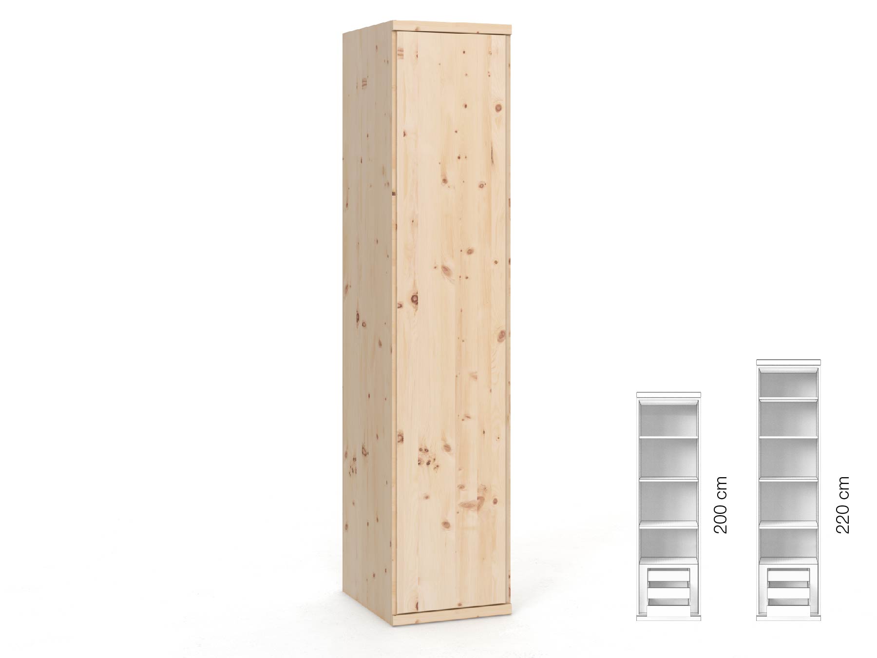 Zirbenschrank „Romana“, 1-türig, Höhe 220 cm, Griffausführung „Patrizia“, Inneneinrichtung: C, Türanschlag links