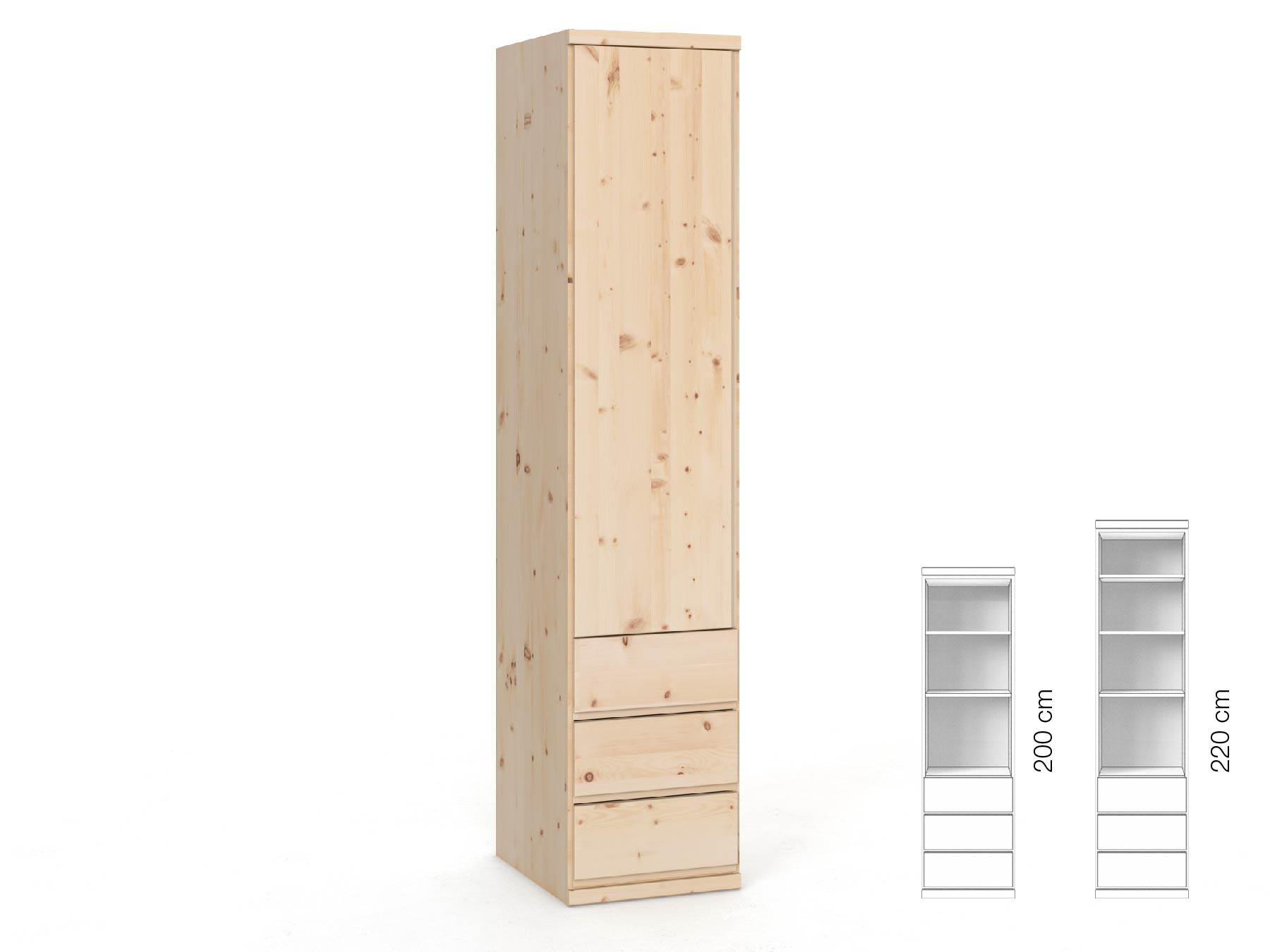 Zirbenschrank „Romana“, 1-türig, Höhe 220 cm, Griffausführung „Patrizia“, Inneneinrichtung: D, Türanschlag links