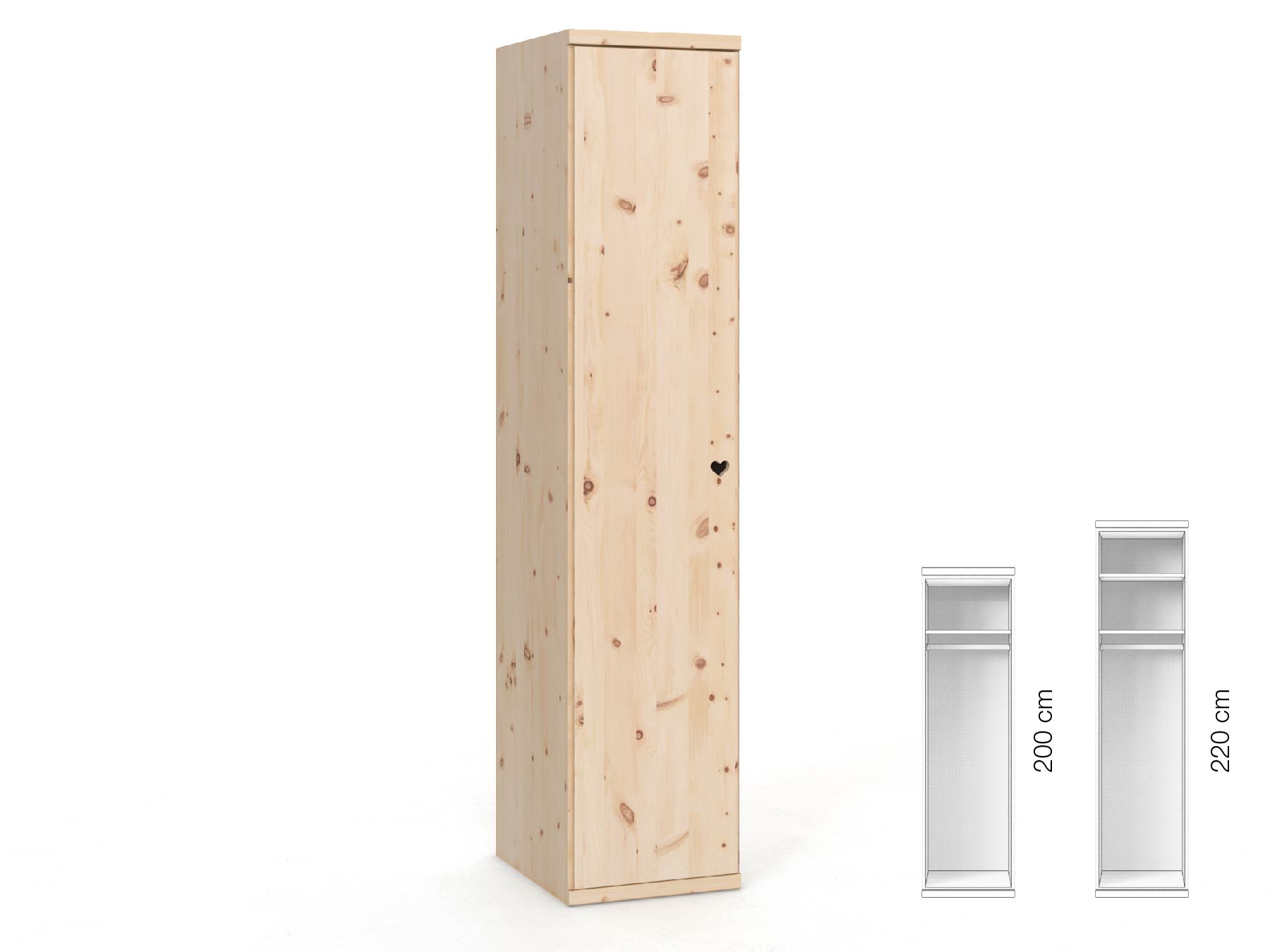 Zirbenschrank „Romana“, 1-türig, Höhe 220 cm, Griffausführung „Heidi“, Inneneinrichtung: A, Türanschlag links