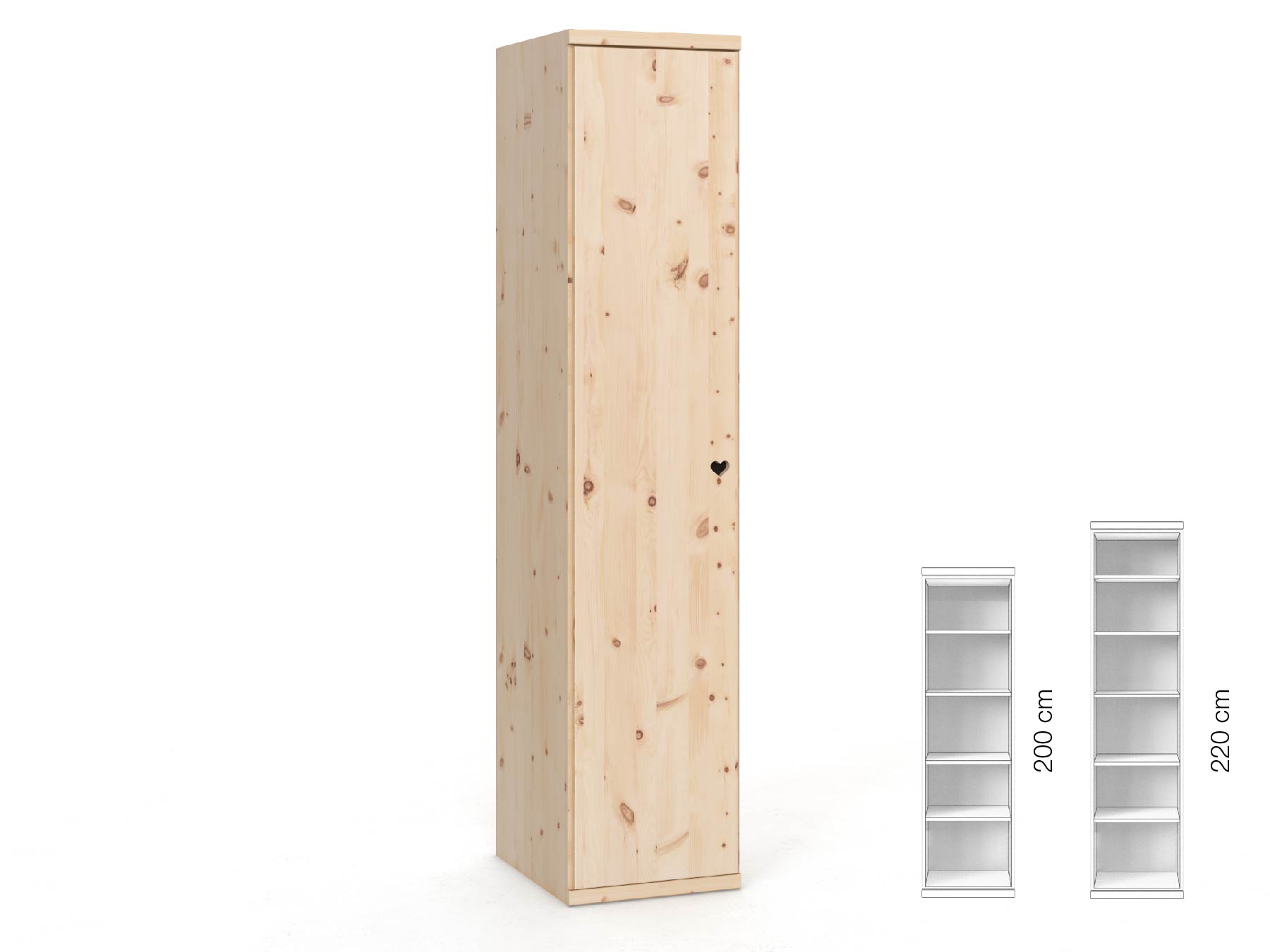 Zirbenschrank „Romana“, 1-türig, Höhe 220 cm, Griffausführung „Heidi“, Inneneinrichtung: B, Türanschlag links