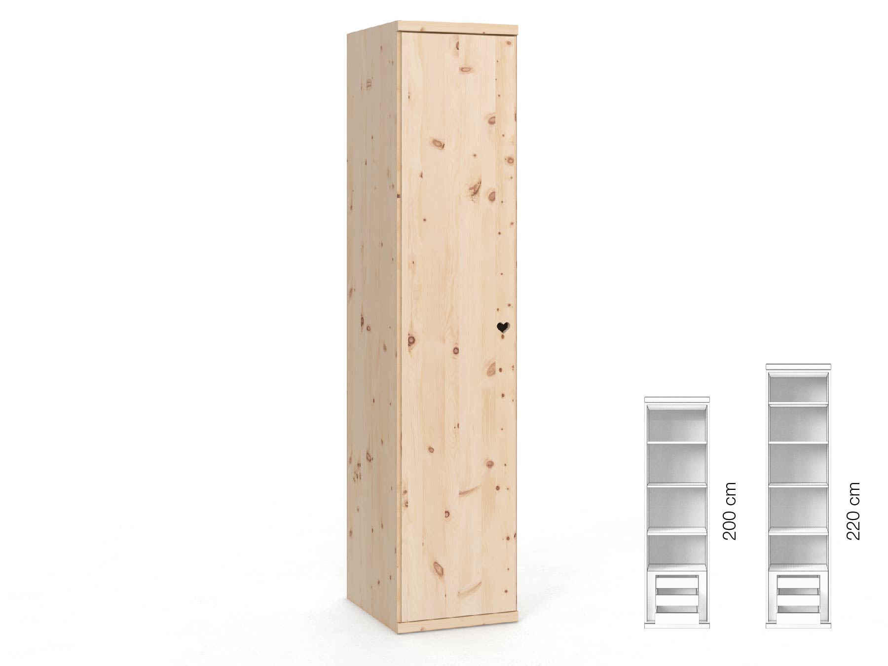 Zirbenschrank „Romana“, 1-türig, Höhe 220 cm, Griffausführung „Heidi“, Inneneinrichtung: C, Türanschlag links