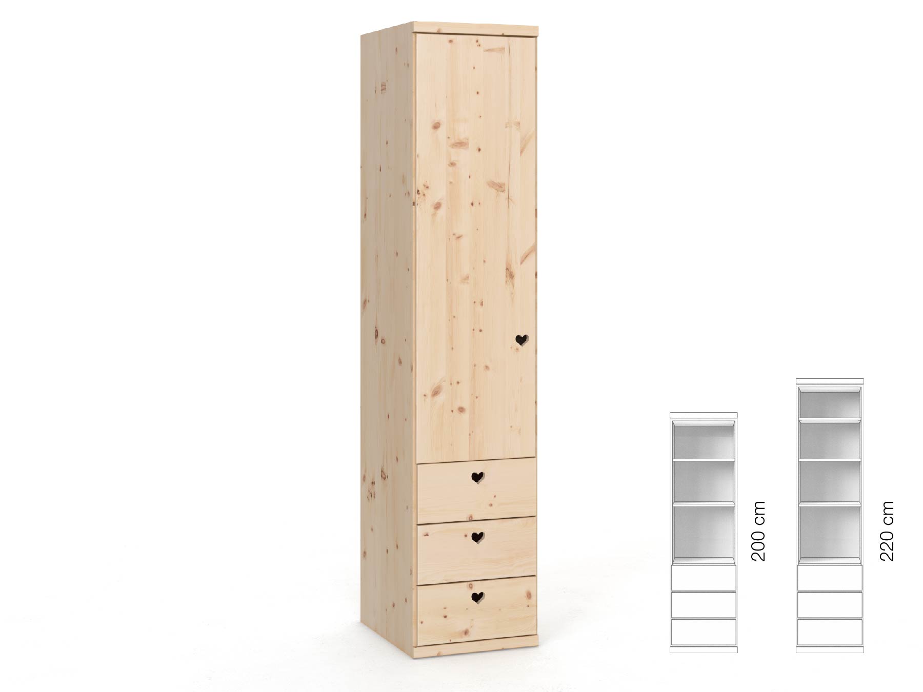 Zirbenschrank „Romana“, 1-türig, Höhe 220 cm, Griffausführung „Heidi“, Inneneinrichtung: D, Türanschlag links
