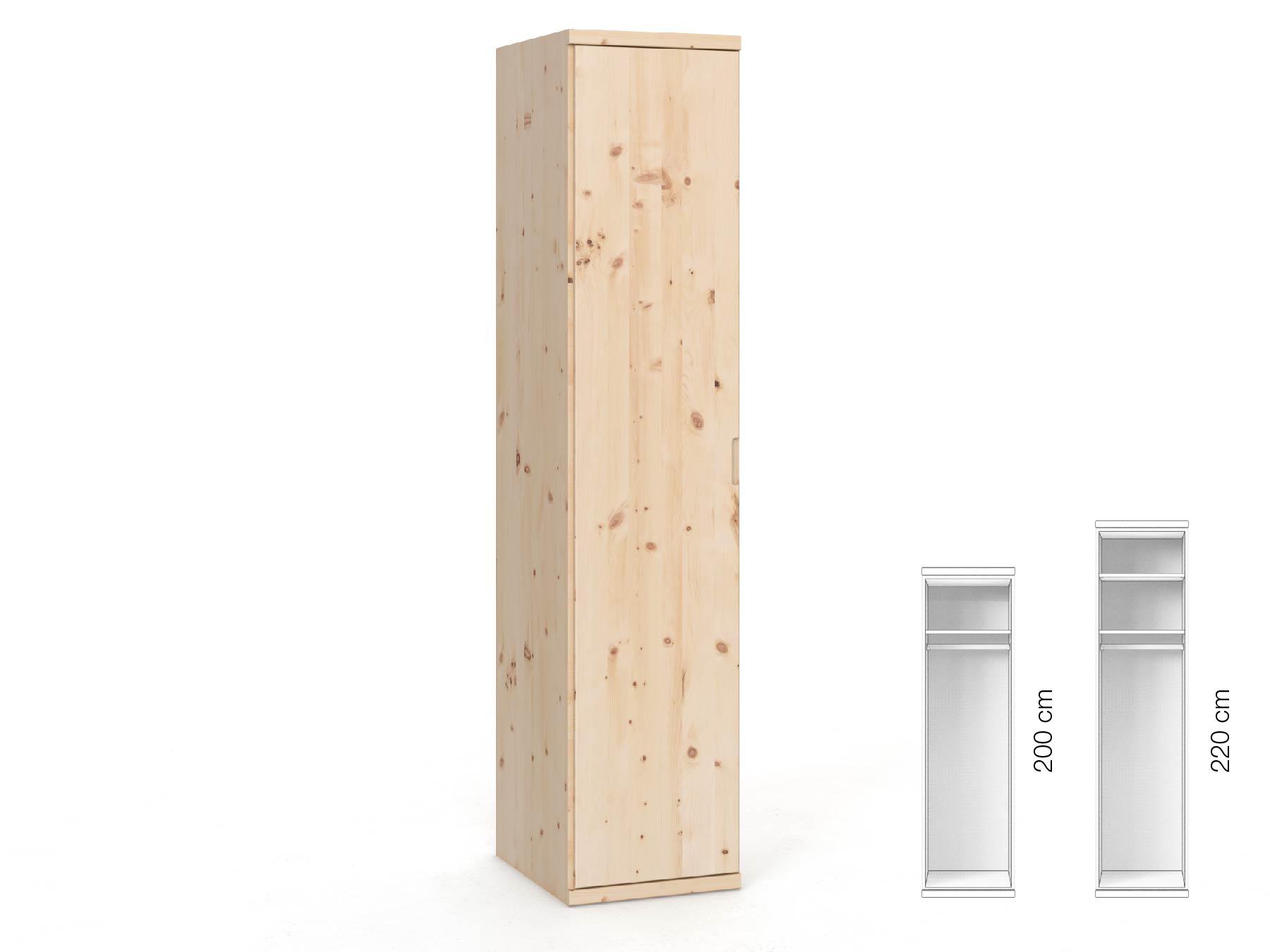 Zirbenschrank „Romana“, 1-türig, Höhe 220 cm, Griffausführung „Lukas“, Inneneinrichtung: A, Türanschlag links
