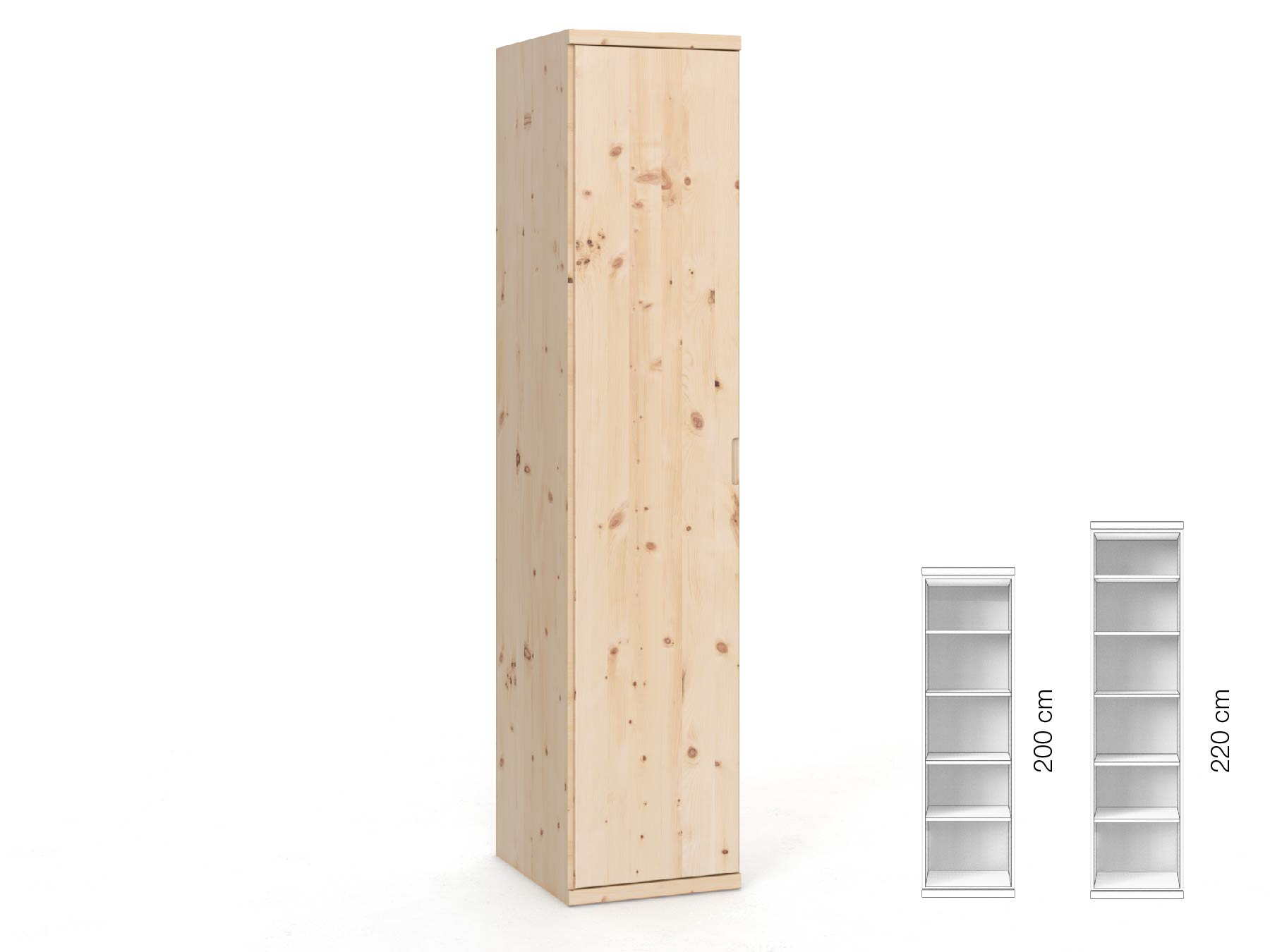 Zirbenschrank „Romana“, 1-türig, Höhe 220 cm, Griffausführung „Lukas“, Inneneinrichtung: B, Türanschlag links