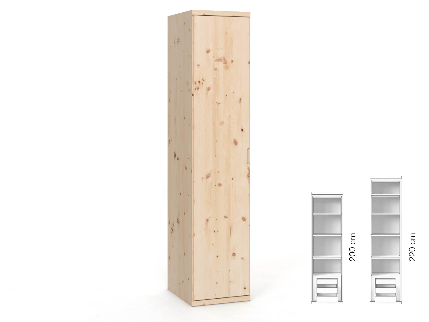 Zirbenschrank „Romana“, 1-türig, Höhe 220 cm, Griffausführung „Lukas“, Inneneinrichtung: C, Türanschlag links