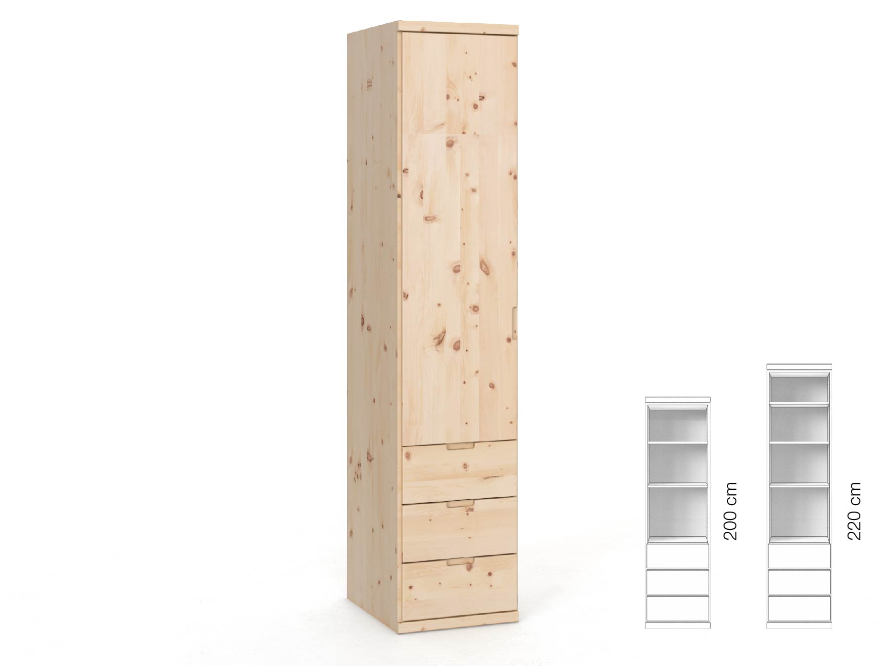 Zirbenschrank „Romana“, 1-türig, Höhe 220 cm, Griffausführung „Lukas“, Inneneinrichtung: D, Türanschlag links