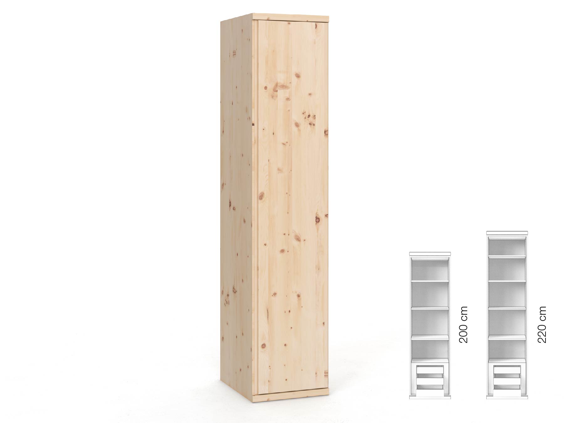 Zirbenschrank „Romana“, 1-türig, Höhe 220 cm, Griffausführung „Patrizia“, Inneneinrichtung: C, Türanschlag rechts