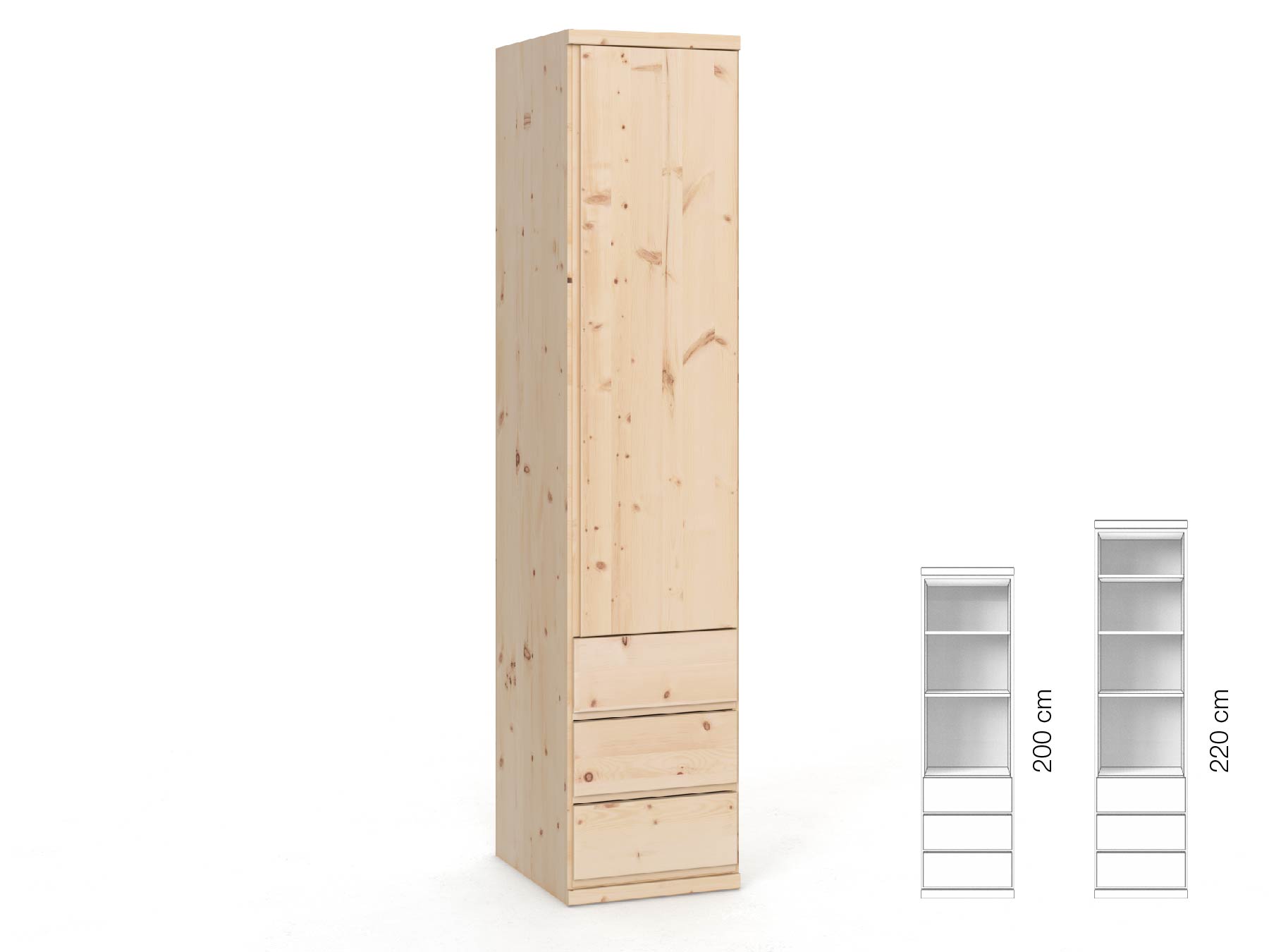 Zirbenschrank „Romana“, 1-türig, Höhe 220 cm, Griffausführung „Patrizia“, Inneneinrichtung: D, Türanschlag rechts