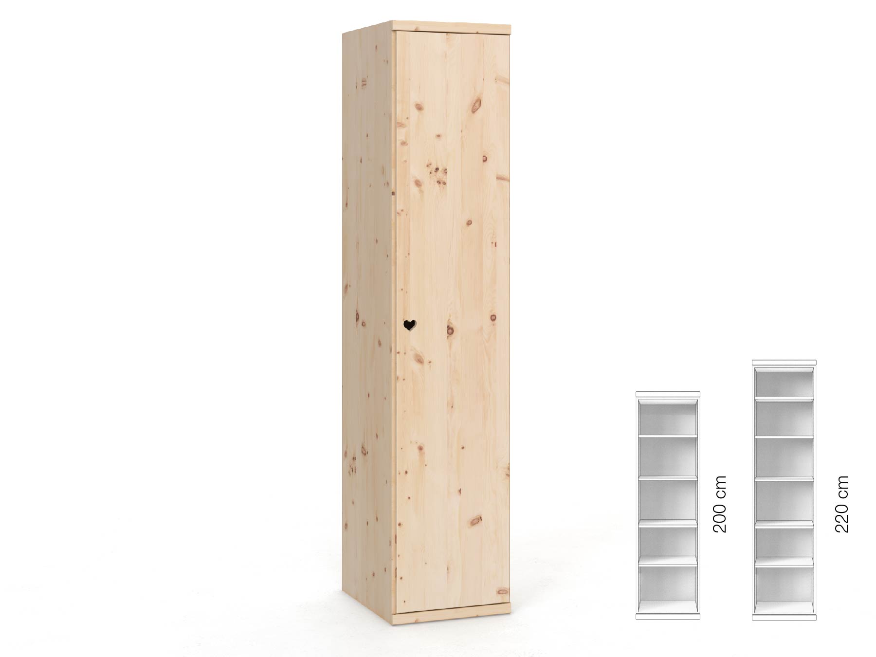 Zirbenschrank „Romana“, 1-türig, Höhe 220 cm, Griffausführung „Heidi“, Inneneinrichtung: B, Türanschlag rechts