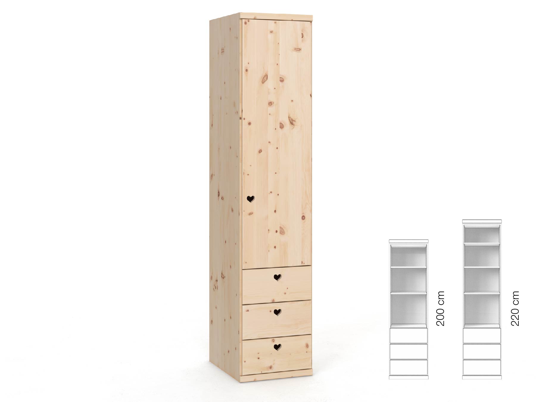Zirbenschrank „Romana“, 1-türig, Höhe 220 cm, Griffausführung „Heidi“, Inneneinrichtung: D, Türanschlag rechts