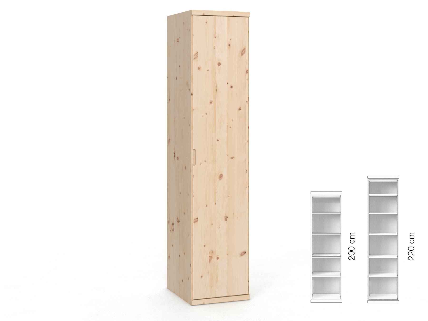 Zirbenschrank „Romana“, 1-türig, Höhe 220 cm, Griffausführung „Lukas“, Inneneinrichtung: B, Türanschlag rechts