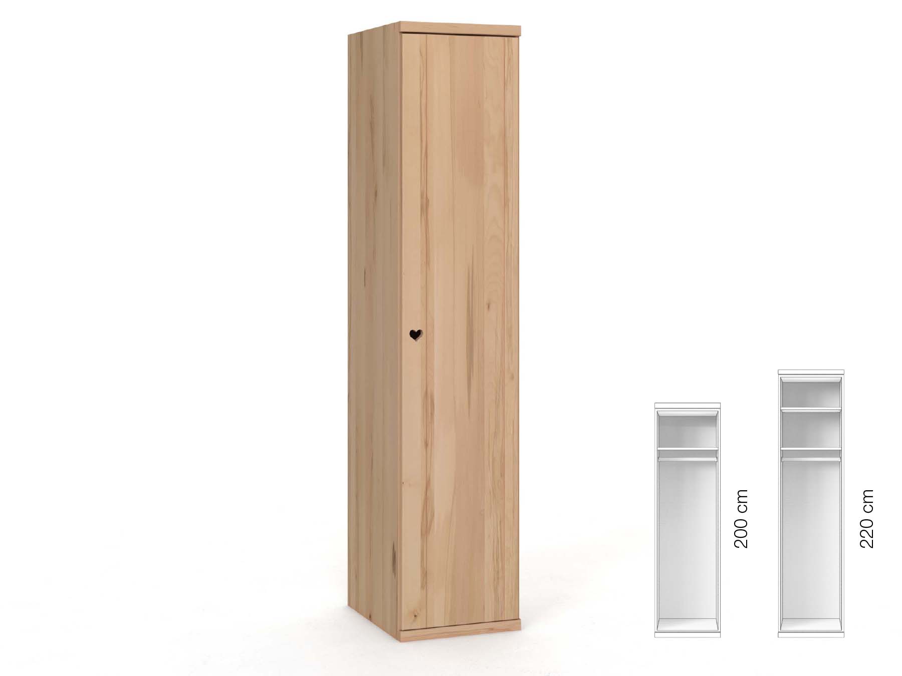 Buchenschrank „Egon“, 1-türig, Höhe 220 cm, Griffausführung „Heidi“, Inneneinrichtung: A, Türanschlag rechts