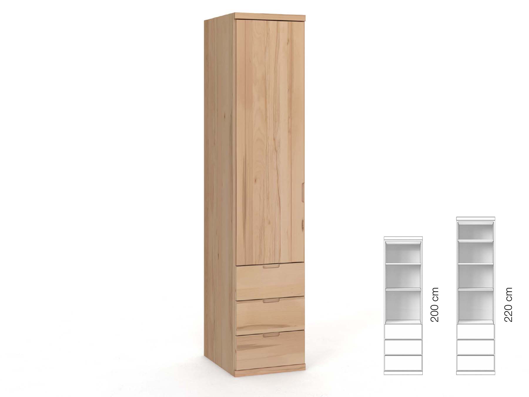 Buchenschrank „Egon“, 1-türig, Höhe 220 cm, Griffausführung „Lukas“, Inneneinrichtung: D, Türanschlag links