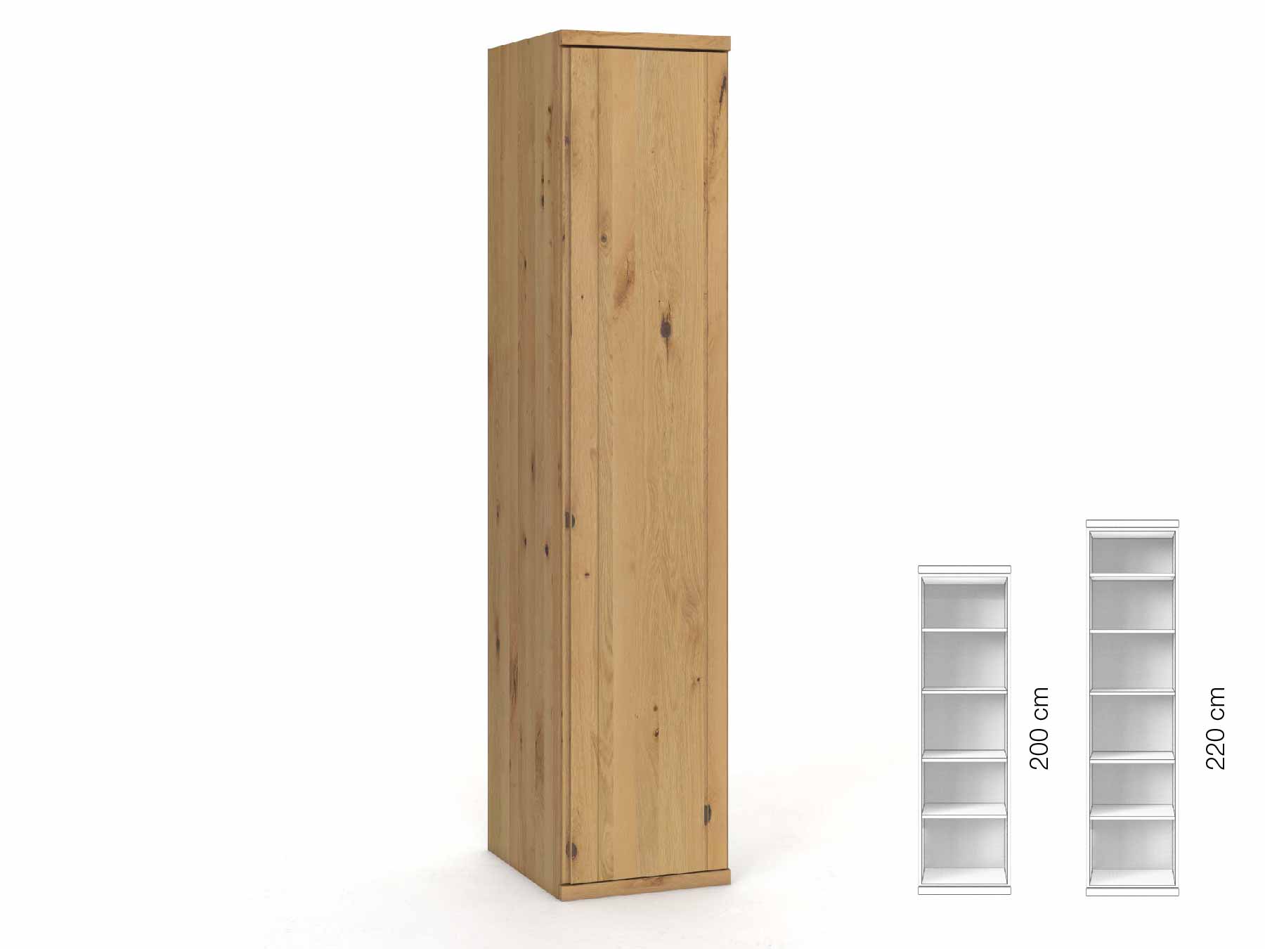 Wildeichenschrank Hell „Egon“, 1-türig, Höhe 220 cm, Griffausführung „Patrizia“, Inneneinrichtung: B, Türanschlag rechts