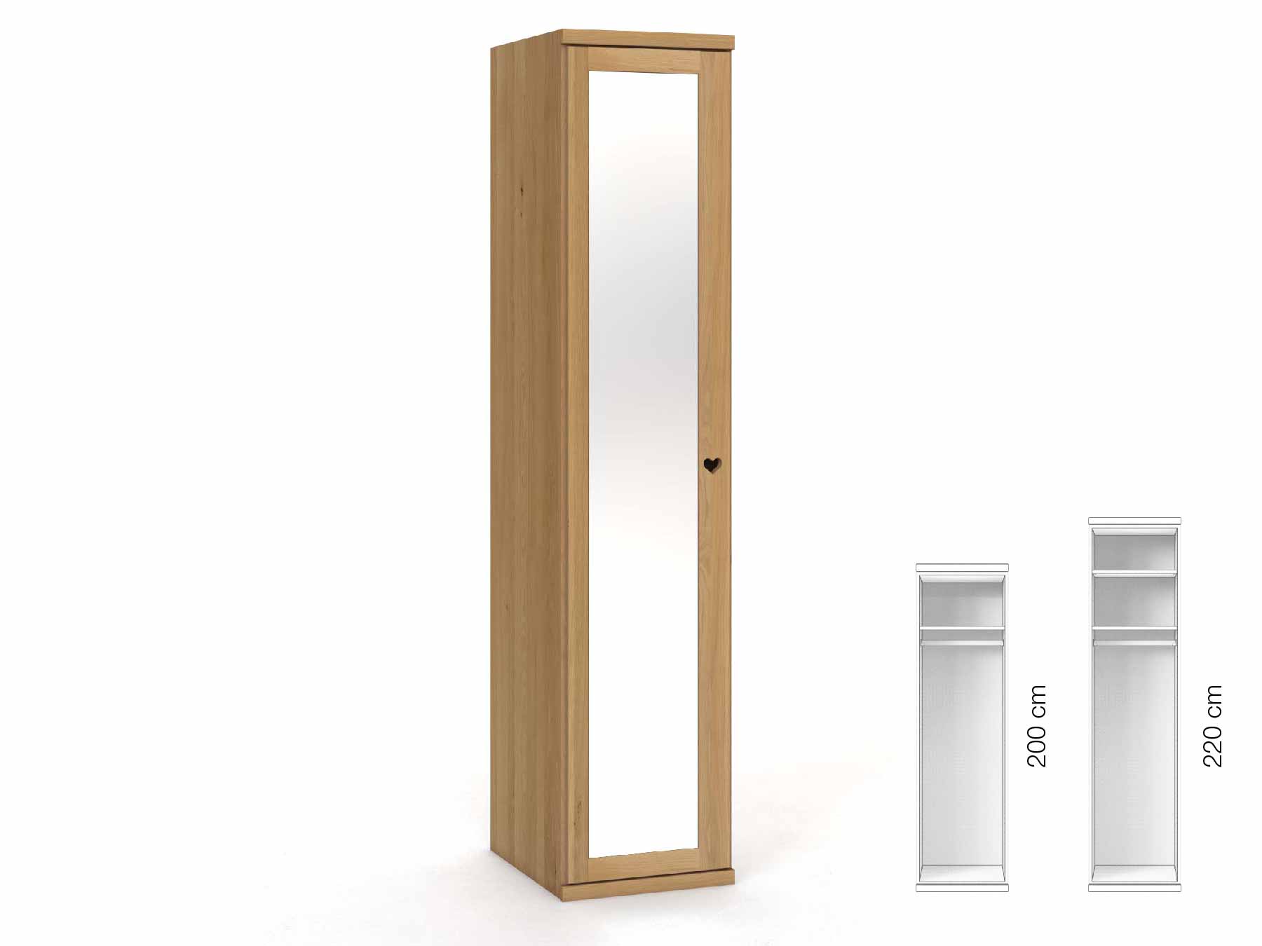 Eichenschrank Hell „Sandra“, 1-türig, Höhe 220 cm, Griffausführung „Heidi“, Inneneinrichtung: A, Türanschlag  links