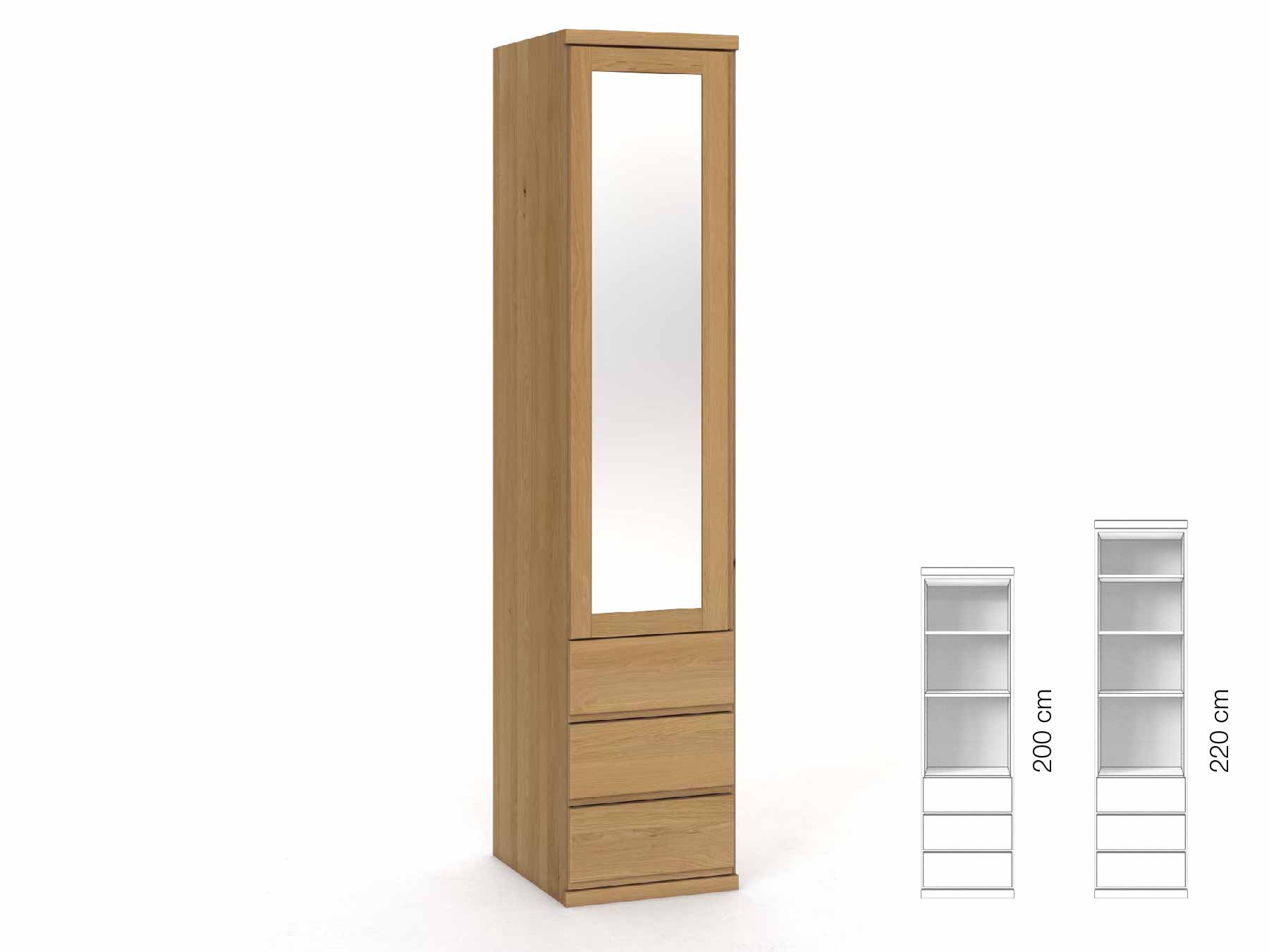 Eichenschrank Hell „Sandra“, 1-türig, Höhe 220 cm, Griffausführung „Patrizia“, Inneneinrichtung: D, Türanschlag links