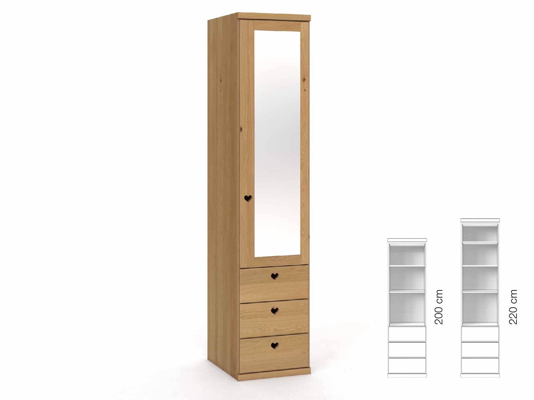 Eichenschrank Hell „Sandra“, 1-türig, Höhe 220 cm, Griffausführung „Heidi“, Inneneinrichtung: D, Türanschlag rechts