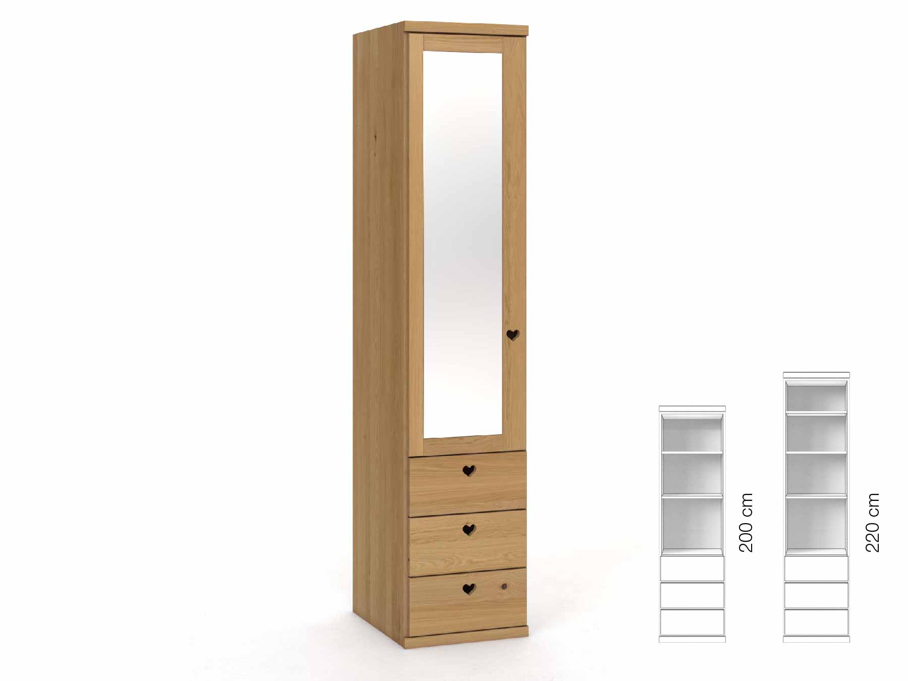 Eichenschrank Hell „Sandra“, 1-türig, Höhe 220 cm, Griffausführung „Heidi“, Inneneinrichtung: D, Türanschlag  links