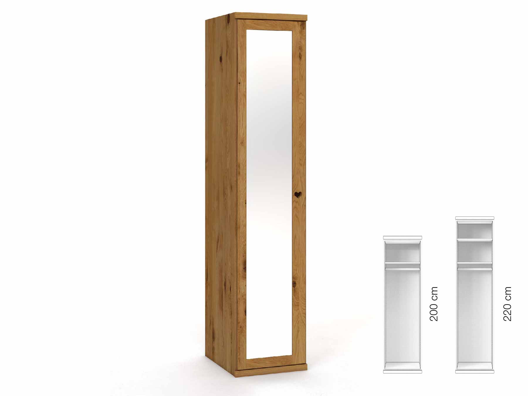 Wildeichenschrank „Sandra“, 1-türig, Höhe 220 cm, Griffausführung „Heidi“, Inneneinrichtung: B, Türanschlag links