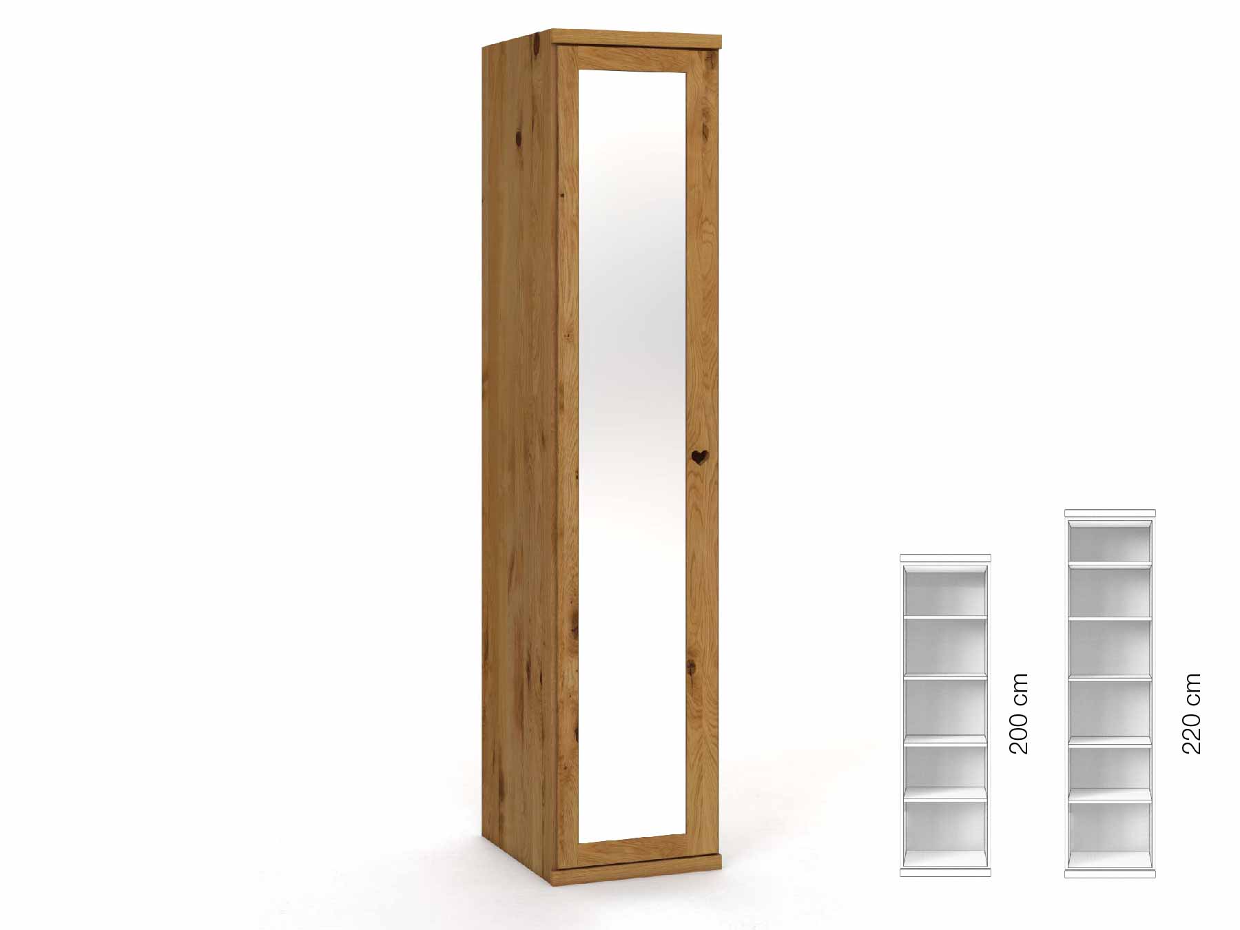 Wildeichenschrank „Sandra“, 1-türig, Höhe 220 cm, Griffausführung „Heidi“, Inneneinrichtung: A, Türanschlag links