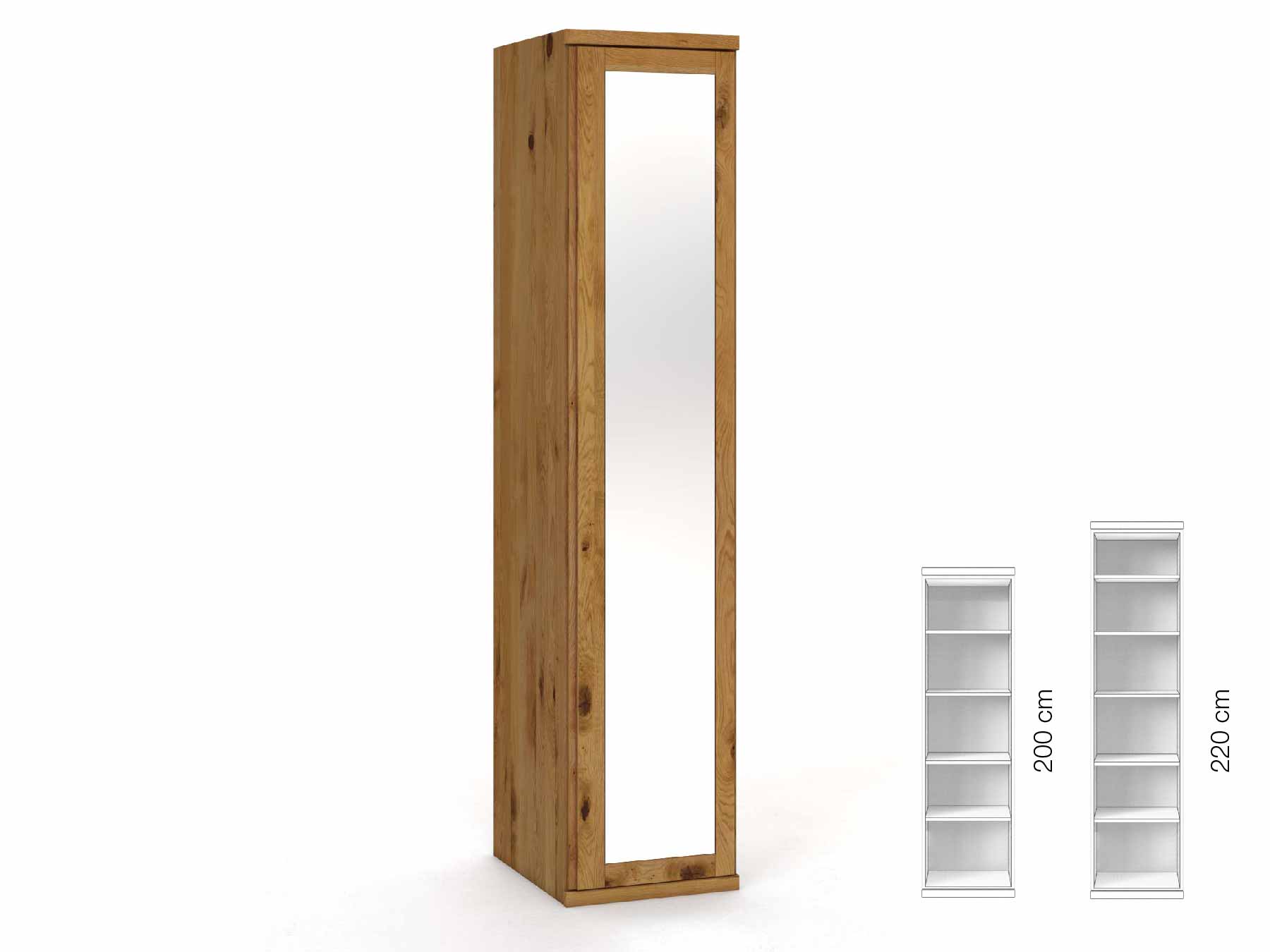 Wildeichenschrank „Sandra“, 1-türig, Höhe 220 cm, Griffausführung „Patrizia“, Inneneinrichtung: B, Türanschlag rechts
