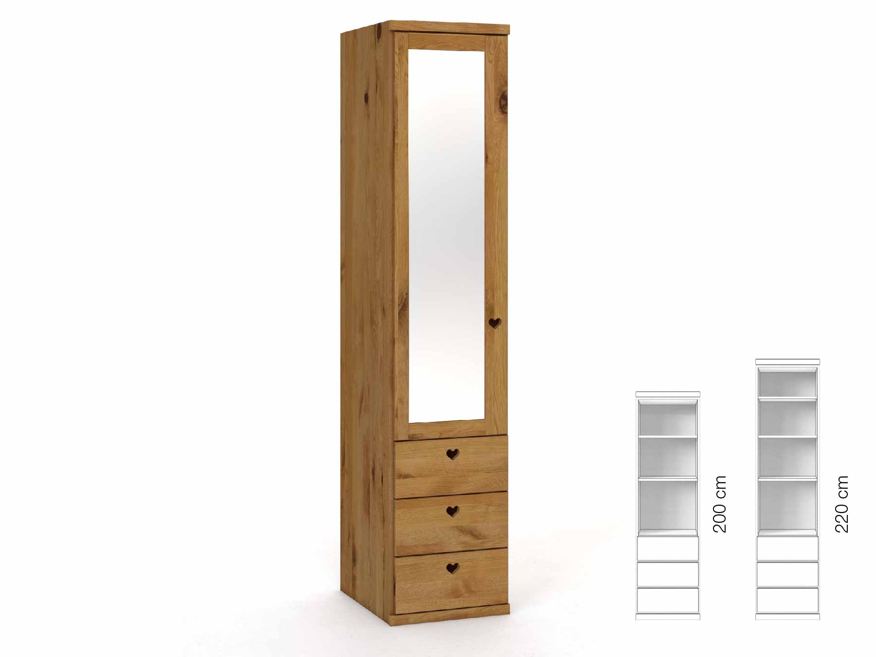 Wildeichenschrank „Sandra“, 1-türig, Höhe 220 cm, Griffausführung „Heidi“, Inneneinrichtung: D, Türanschlag links