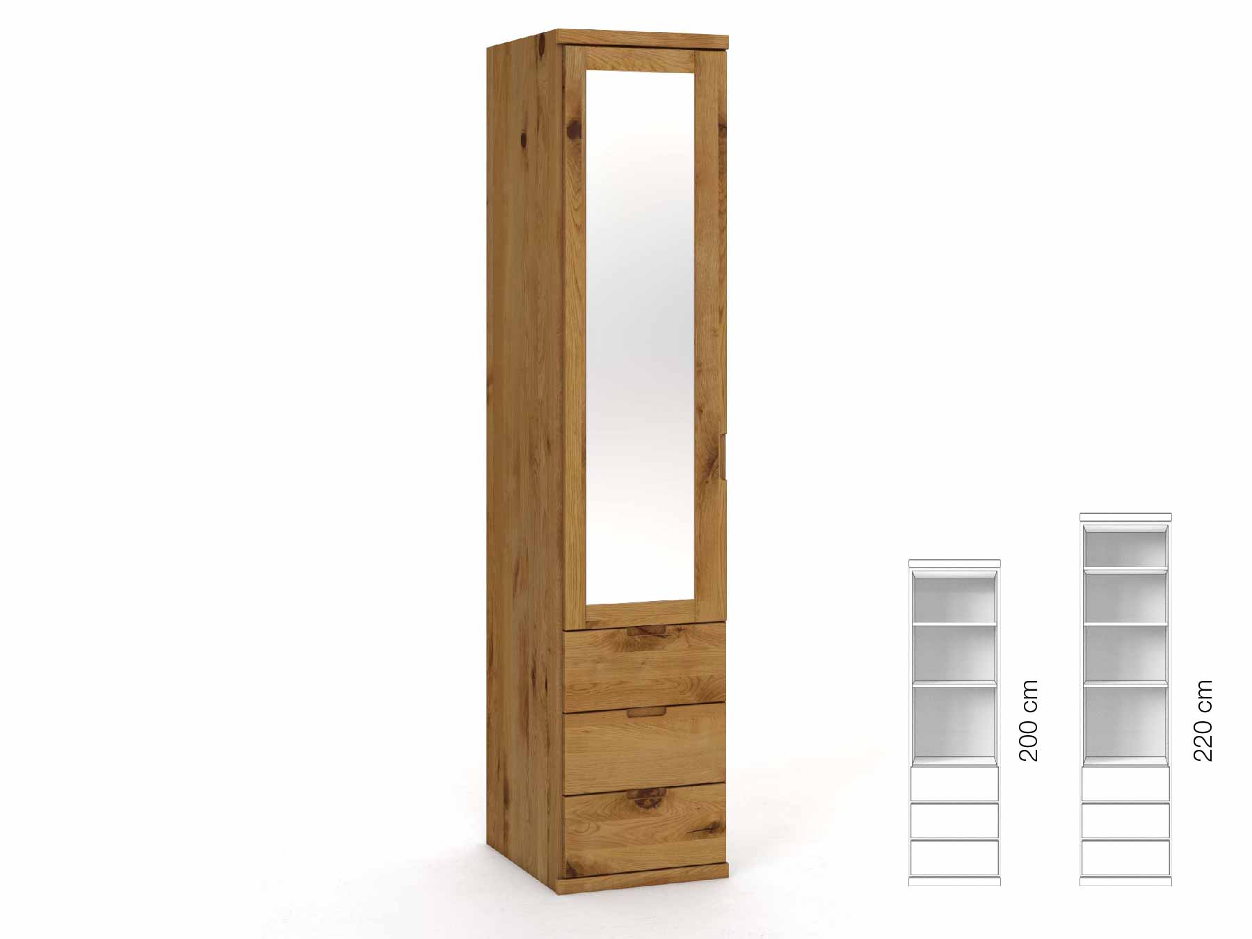 Wildeichenschrank „Sandra“, 1-türig, Höhe 220 cm, Griffausführung „Lukas“, Inneneinrichtung: D, Türanschlag links
