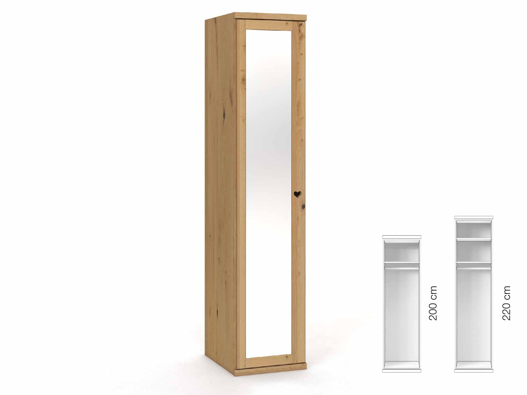 Wildeichenschrank Hell „Sandra“, 1-türig, Höhe 220 cm, Griffausführung „Heidi“, Inneneinrichtung: A, Türanschlag links