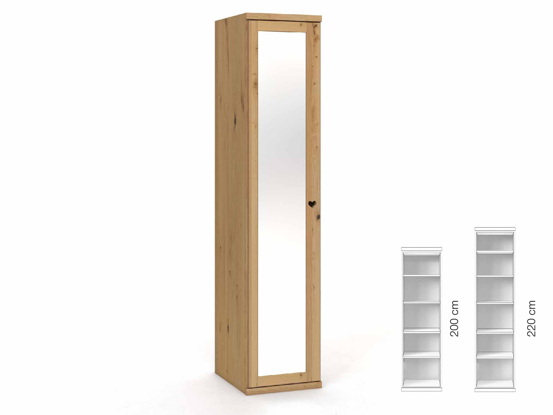 Wildeichenschrank Hell „Sandra“, 1-türig, Höhe 220 cm, Griffausführung „Heidi“, Inneneinrichtung: B, Türanschlag links