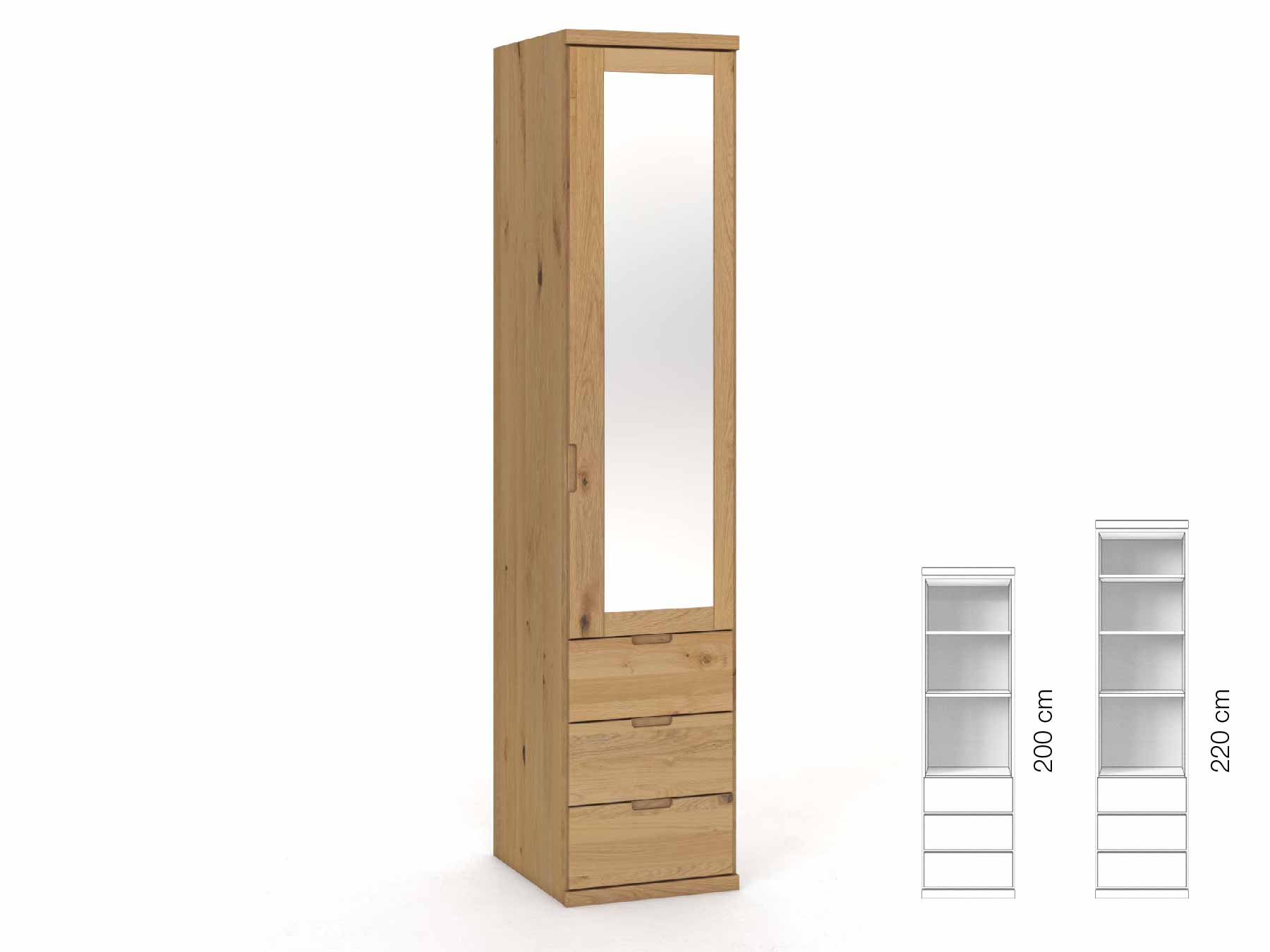 Wildeichenschrank Hell „Sandra“, 1-türig, Höhe 220 cm, Griffausführung „Lukas“, Inneneinrichtung: D, Türanschlag rechts