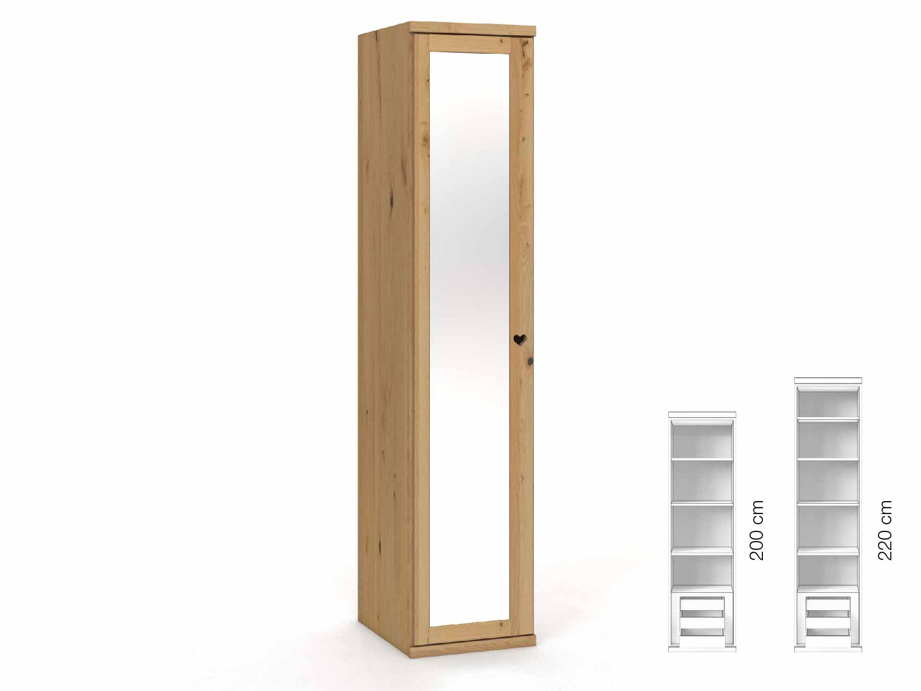 Wildeichenschrank Hell „Sandra“, 1-türig, Höhe 220 cm, Griffausführung „Heidi“, Inneneinrichtung: C, Türanschlag links