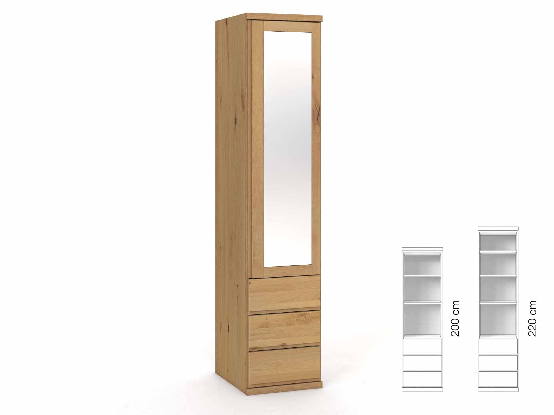 Wildeichenschrank Hell „Sandra“, 1-türig, Höhe 220 cm, Griffausführung „Patrizia“, Inneneinrichtung: D, Türanschlag rechts