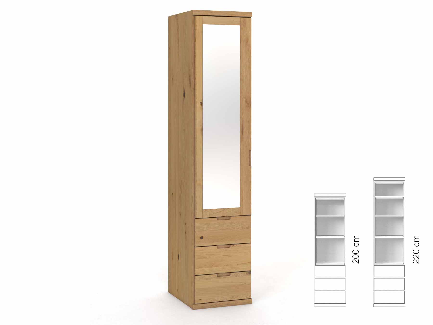 Wildeichenschrank Hell „Sandra“, 1-türig, Höhe 220 cm, Griffausführung „Lukas“, Inneneinrichtung: D, Türanschlag links