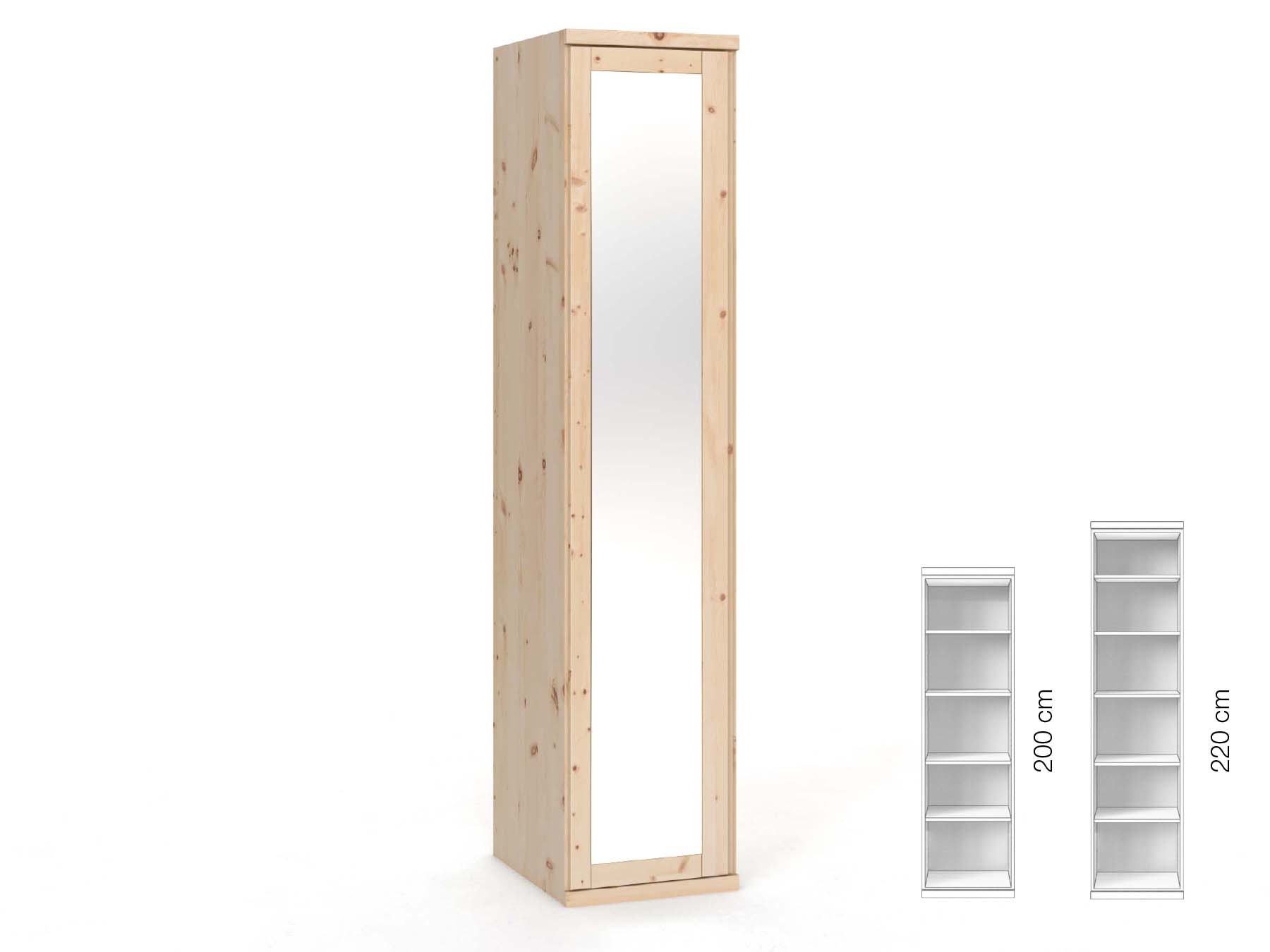 Zirbenschrank „Sandra“, 1-türig, Höhe 220 cm, Griffausführung „Patrizia“, Inneneinrichtung: B, Türanschlag links