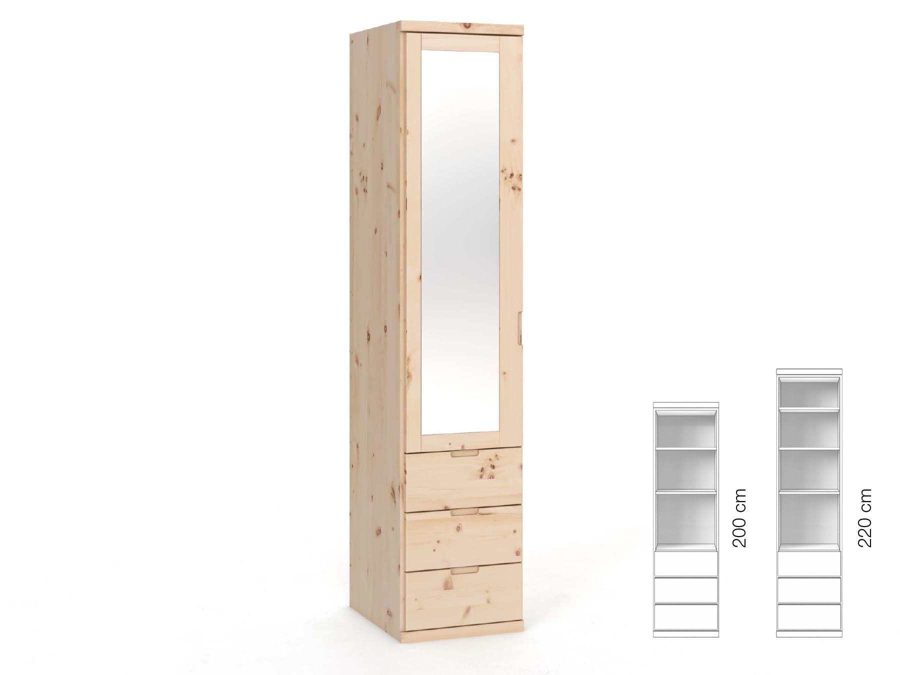 Zirbenschrank „Sandra“, 1-türig, Höhe 220 cm, Griffausführung „Lukas“, Inneneinrichtung: D, Türanschlag links