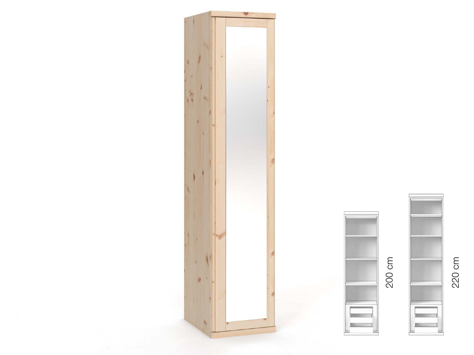 Zirbenschrank „Sandra“, 1-türig, Höhe 220 cm, Griffausführung „Patrizia“, Inneneinrichtung: C, Türanschlag rechts