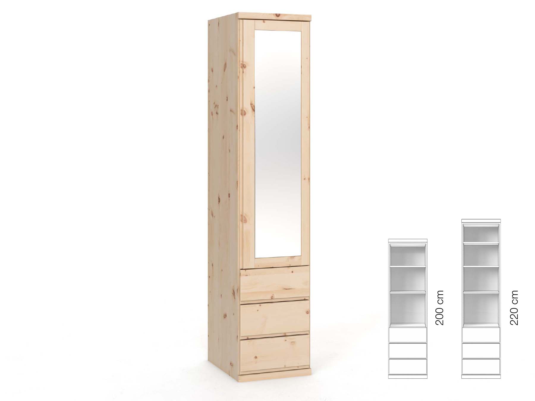 Zirbenschrank „Sandra“, 1-türig, Höhe 220 cm, Griffausführung „Patrizia“, Inneneinrichtung: D, Türanschlag rechts