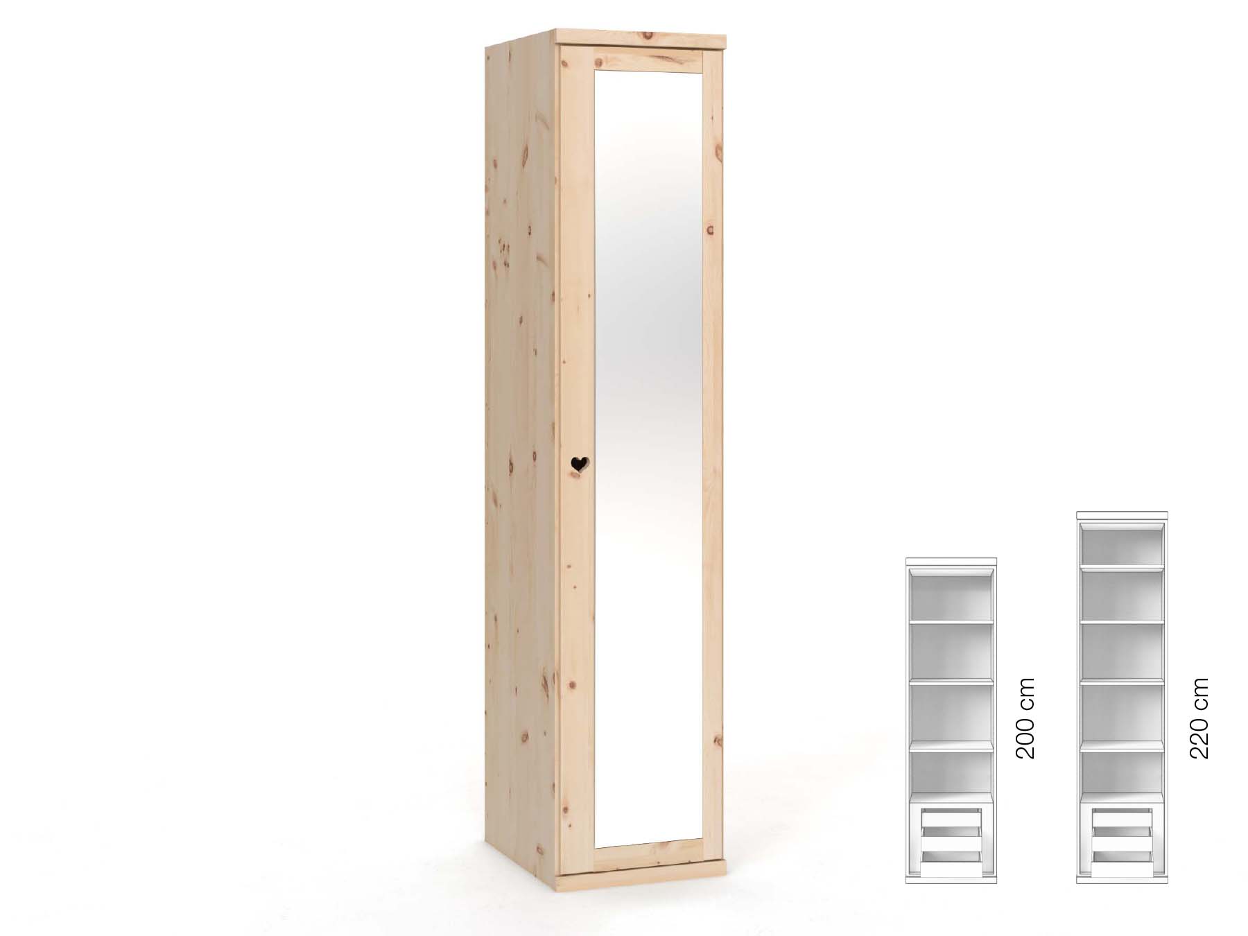 Zirbenschrank „Sandra“, 1-türig, Höhe 220 cm, Griffausführung „Heidi“, Inneneinrichtung: C, Türanschlag rechts