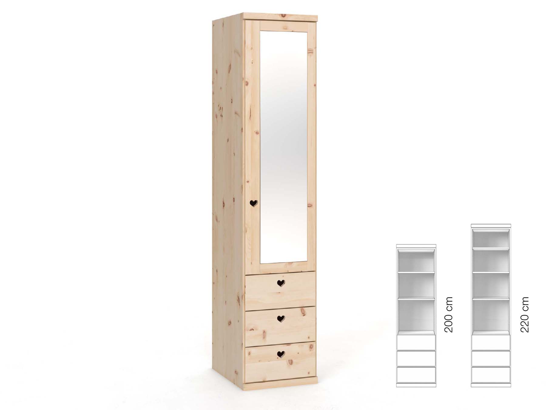 Zirbenschrank „Sandra“, 1-türig, Höhe 220 cm, Griffausführung „Heidi“, Inneneinrichtung: D, Türanschlag rechts