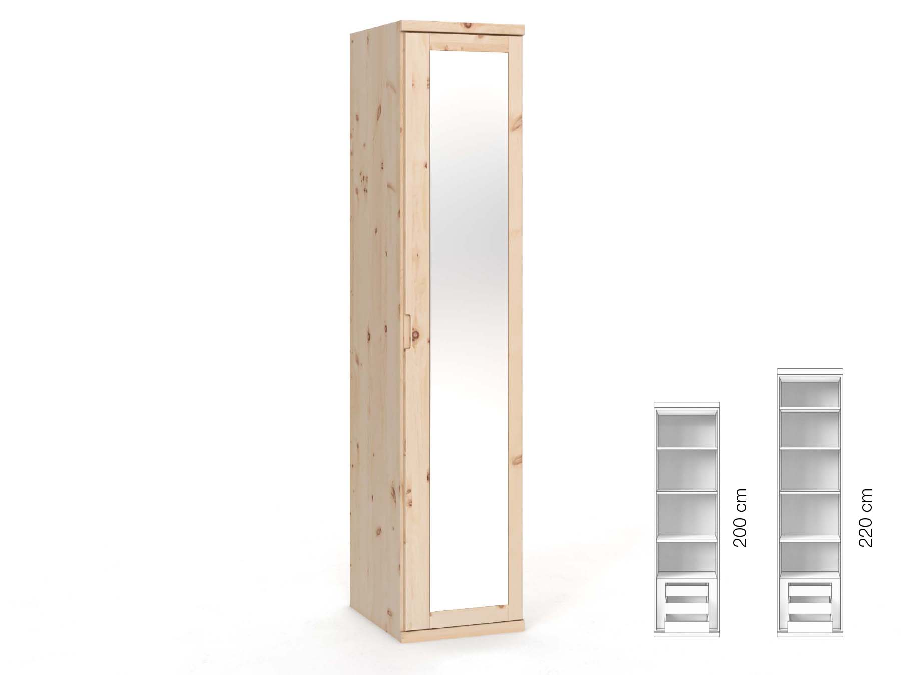 Zirbenschrank „Sandra“, 1-türig, Höhe 220 cm, Griffausführung „Lukas“, Inneneinrichtung: C, Türanschlag rechts