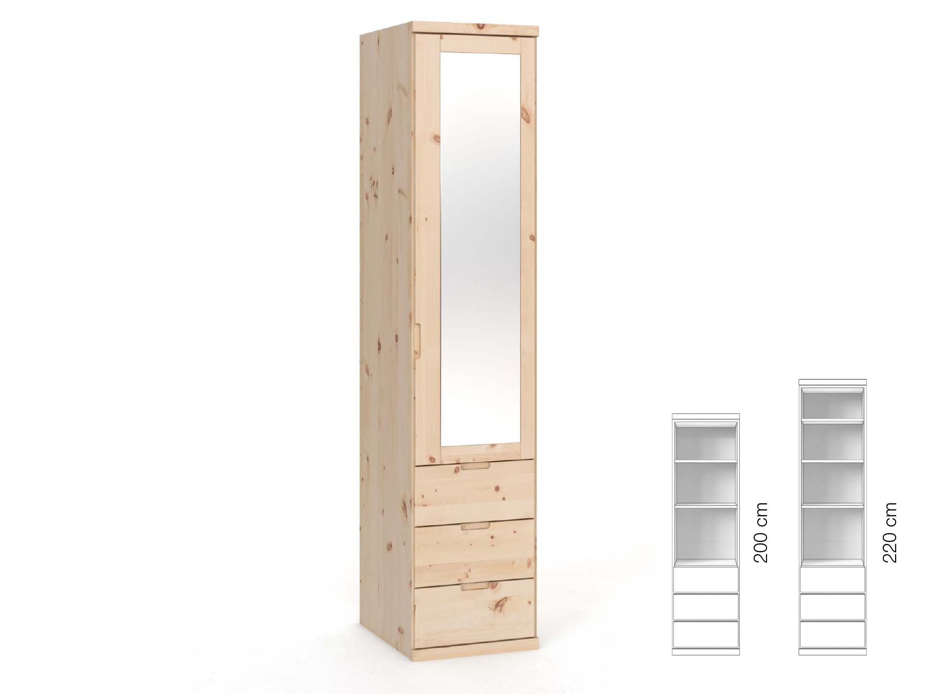 Zirbenschrank „Sandra“, 1-türig, Höhe 220 cm, Griffausführung „Lukas“, Inneneinrichtung: D, Türanschlag rechts