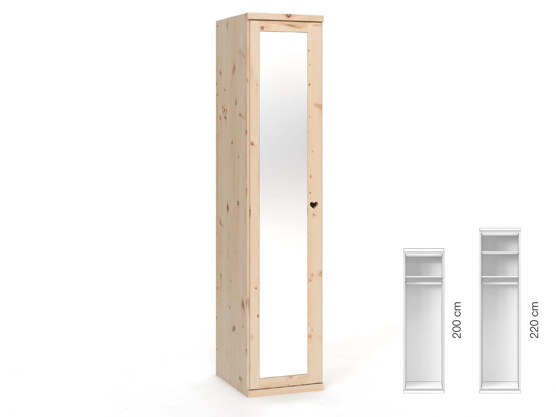 Zirbenschrank „Sandra“, 1-türig, Höhe 220 cm, Griffausführung „Heidi“, Inneneinrichtung: A, Türanschlag links