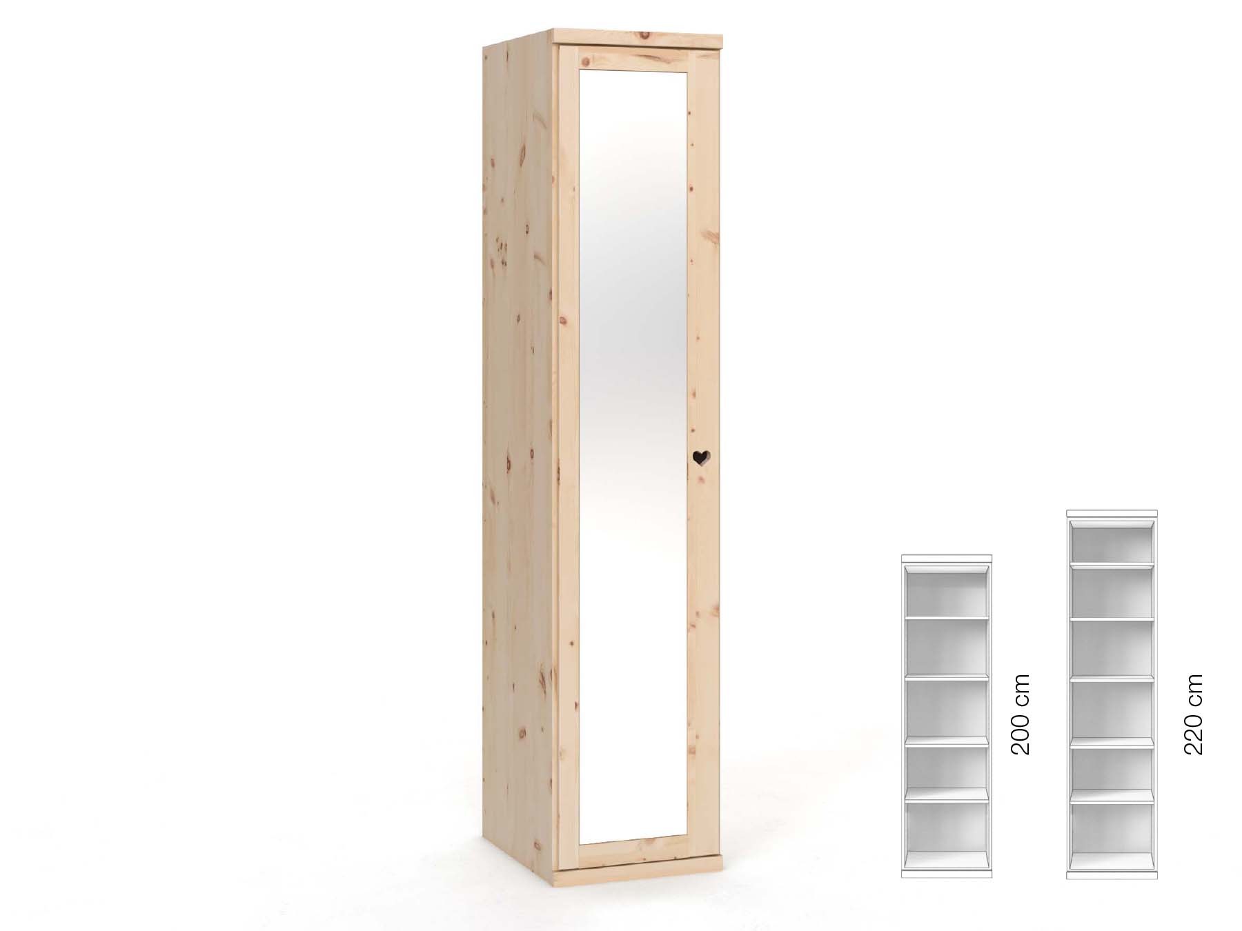 Zirbenschrank „Sandra“, 1-türig, Höhe 220 cm, Griffausführung „Heidi“, Inneneinrichtung: B, Türanschlag links